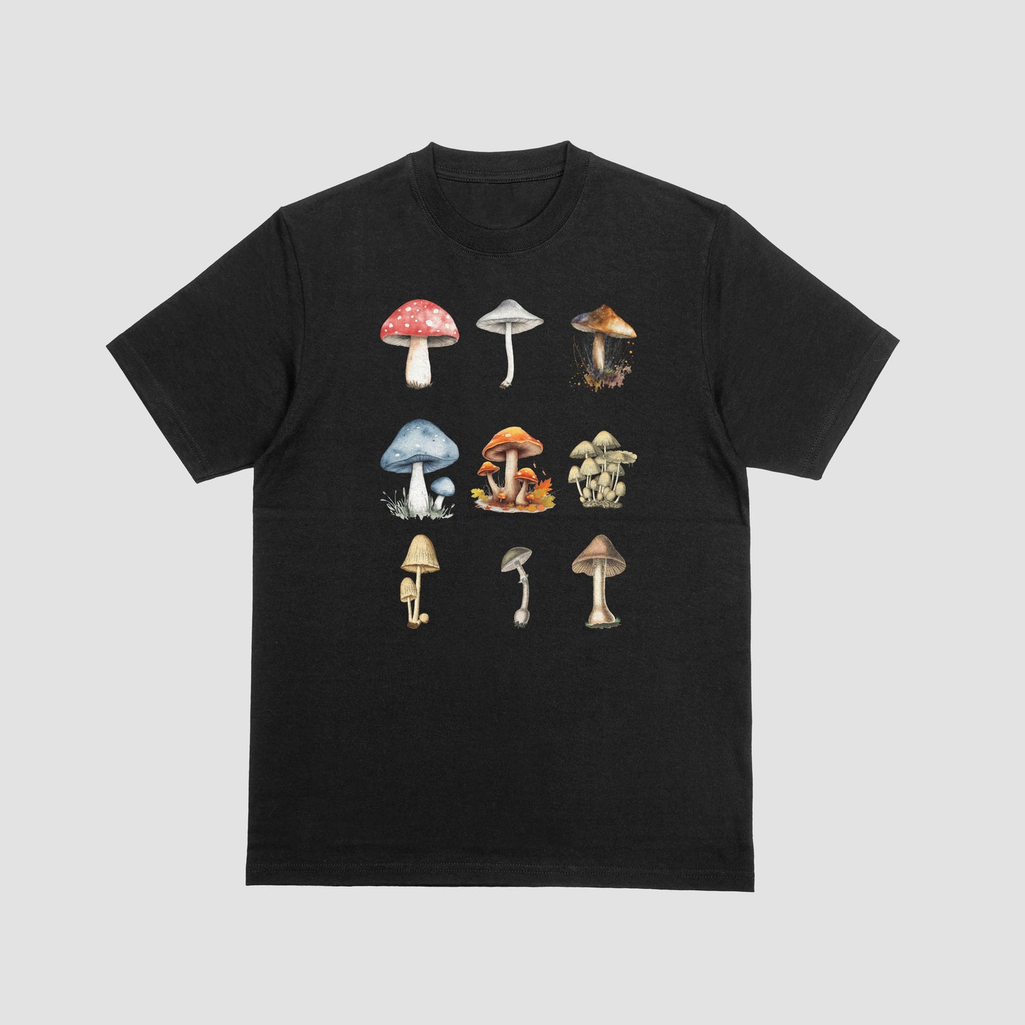 Black t-shirt with Illustrations of various mushrooms on a white background