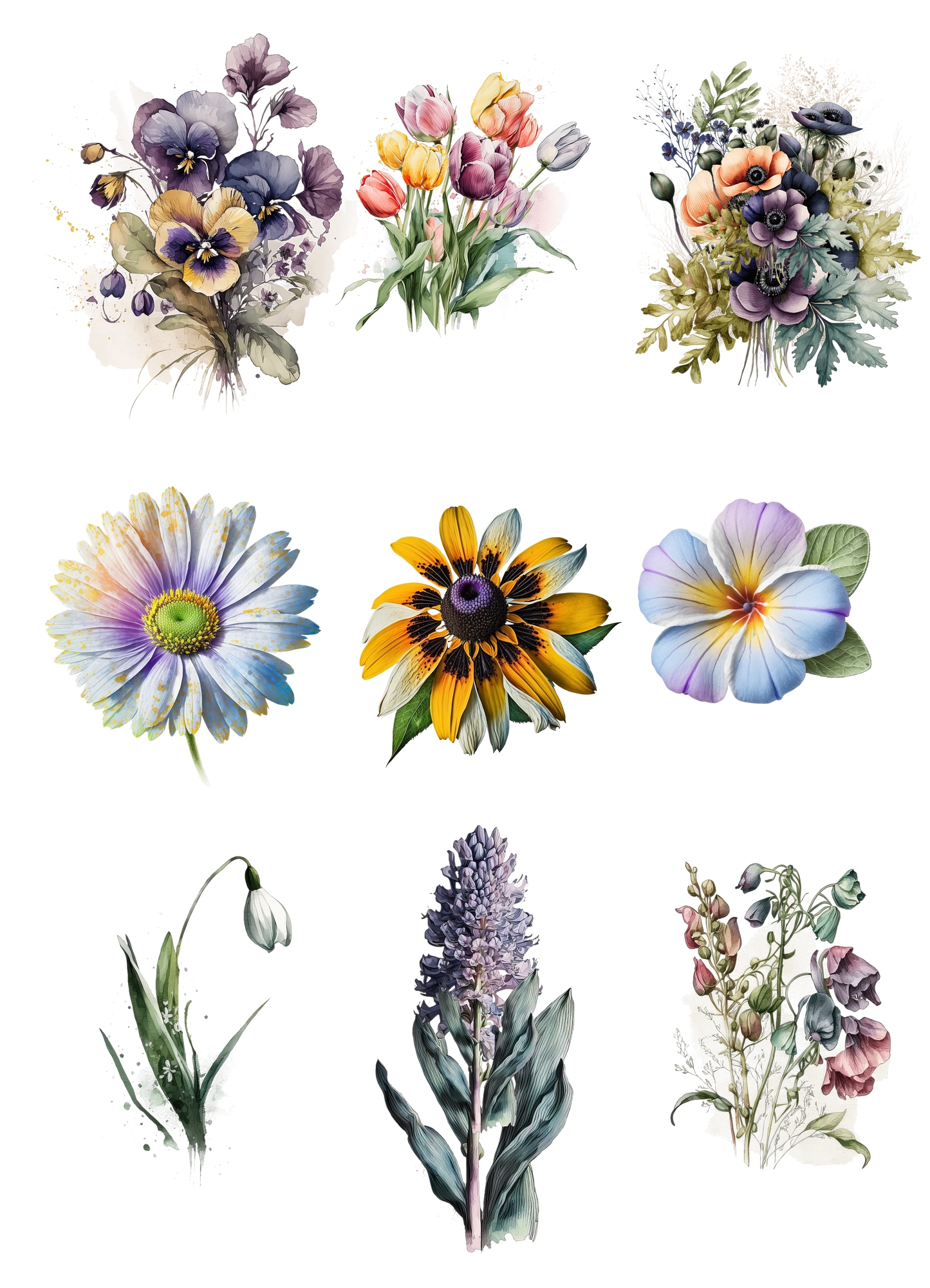 Set of colorful floral tattoos on a white background