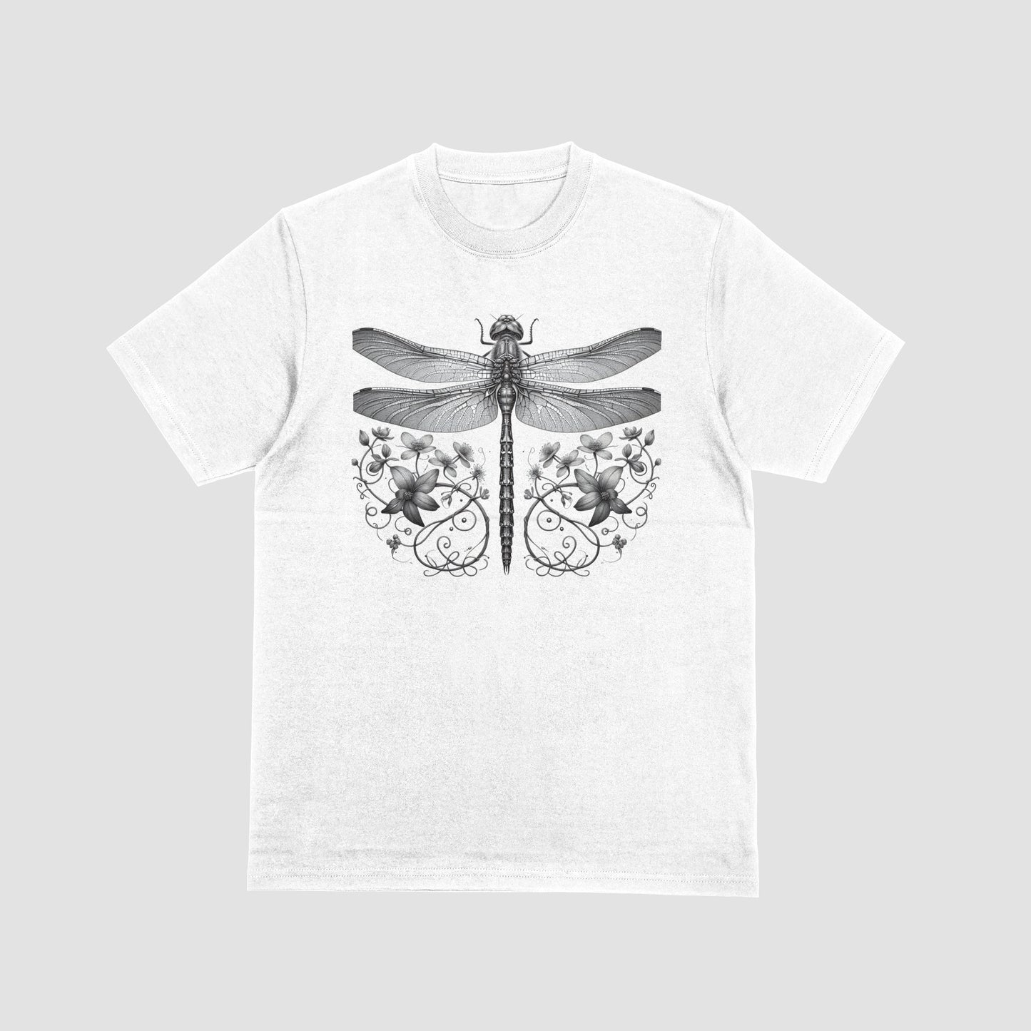 White t-shirt with a black dragonfly and floral design