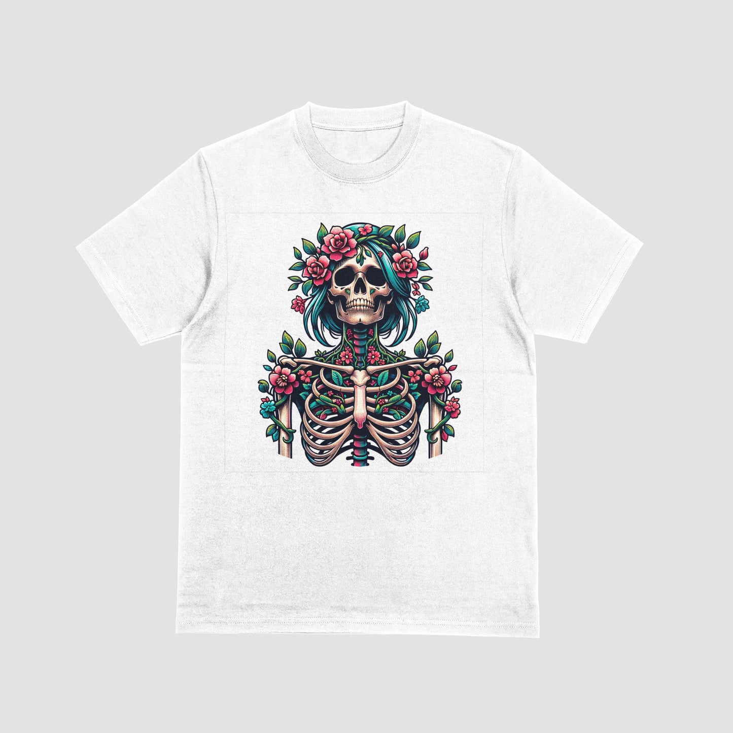 White t-shirt with a skeletal design with teal hair, flowers, and green leaves on a white background