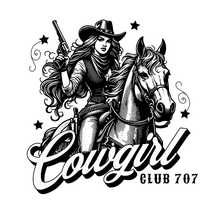 Black and white illustration of a cowgirl on a horse with 'Cowgirl Club 707' text.