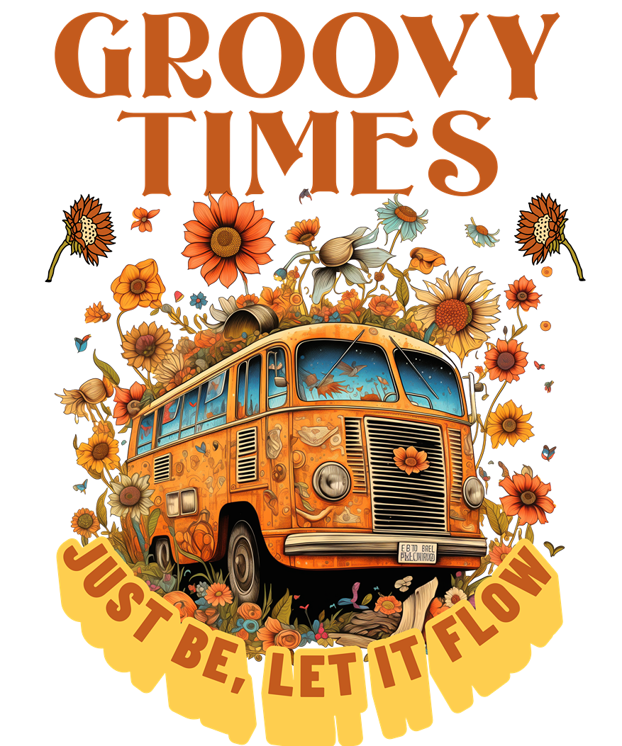 Vintage bus surrounded by flowers with 'Groovy Times Just Be, Let It Flow' text on a white background