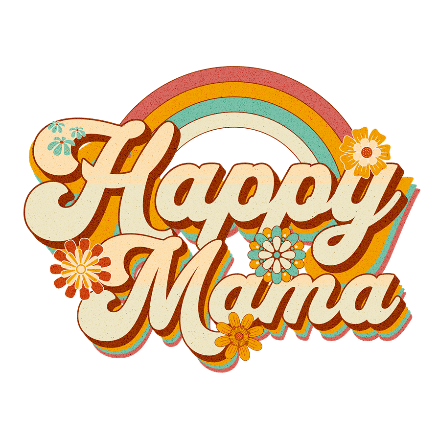 Vintage-style 'Happy Mama' text with rainbow and flowers on a white background