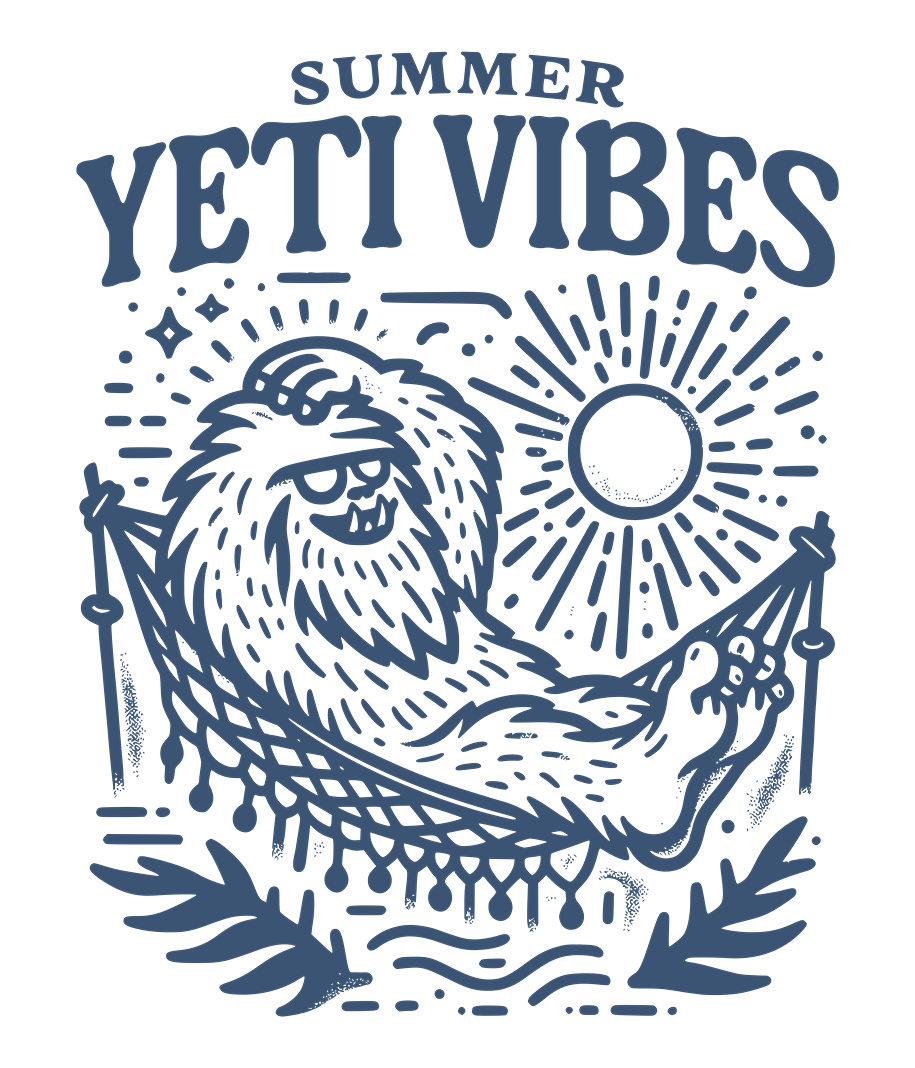 Illustration of a Yeti in a hammock with 'Summer Yeti Vibes' text.