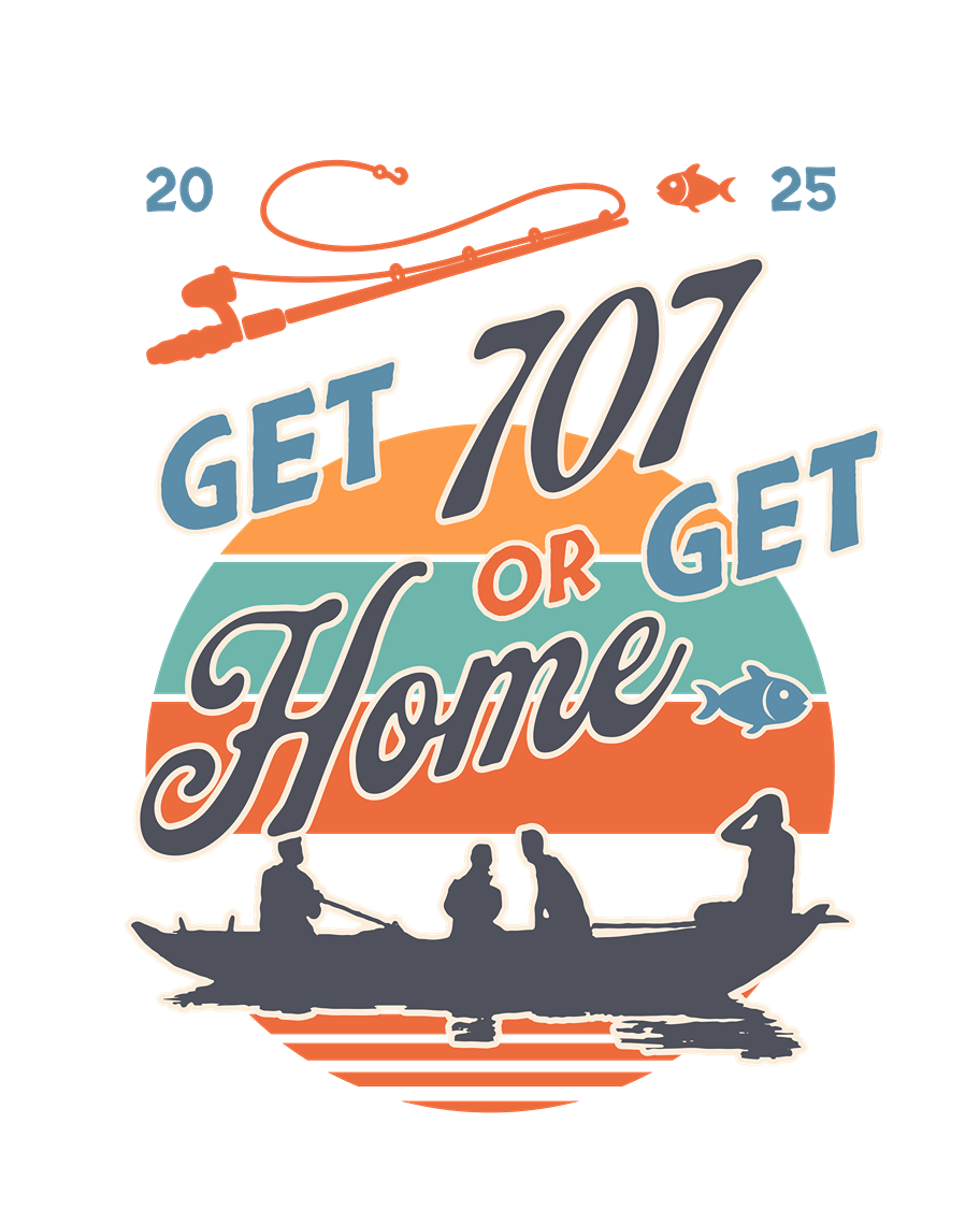 Motivational graphic with 'Get 707 or Get Home' text and silhouette of people in a boat.