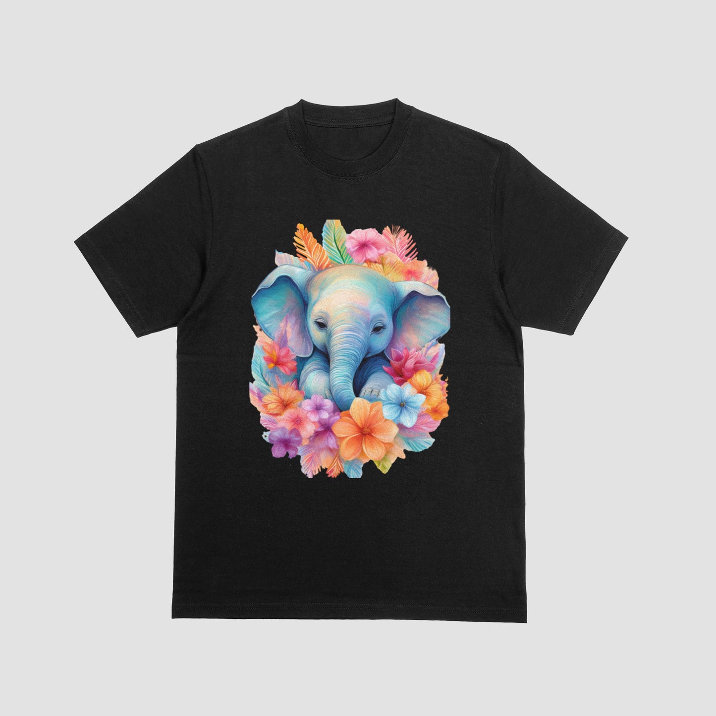 Black t-shirt with a colorful elephant and floral design.