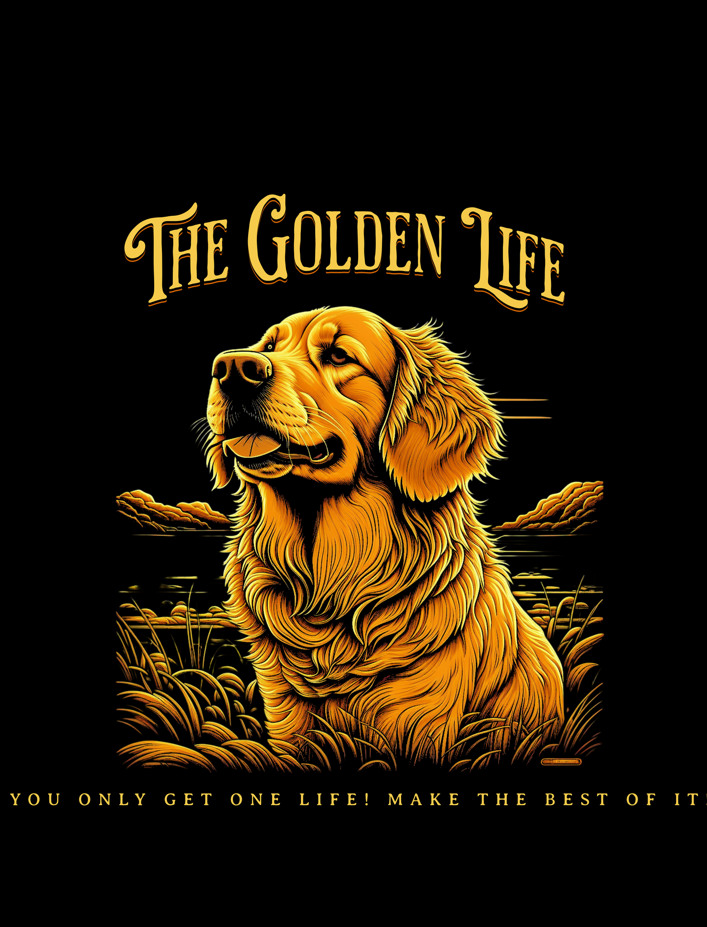 Illustration of a golden retriever with 'The Golden Life' text on a black background.