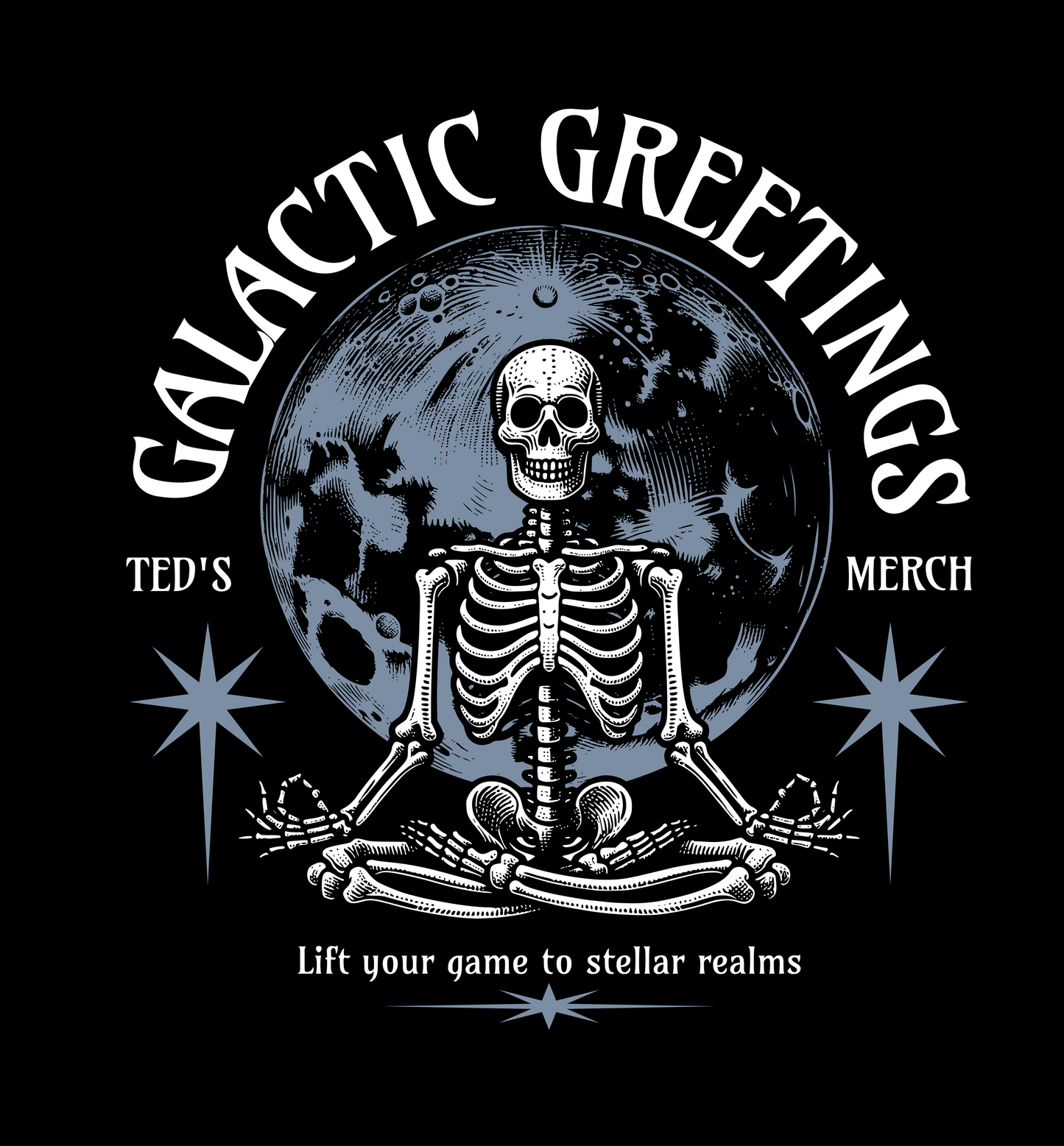 Skeletal design with 'Galactic Greetings' text and moon in center on black background