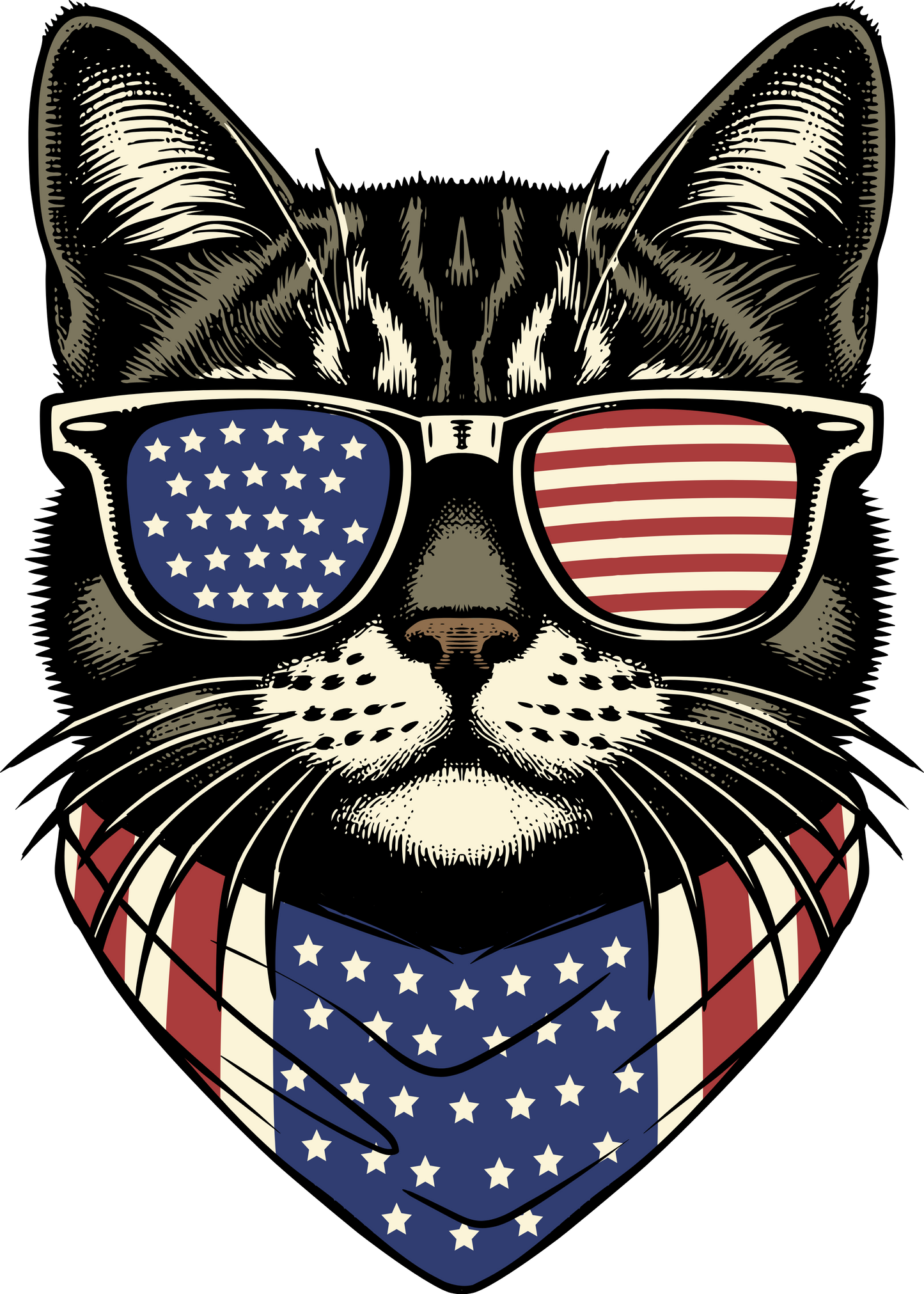 Cat wearing American flag sunglasses and bandana on a white background