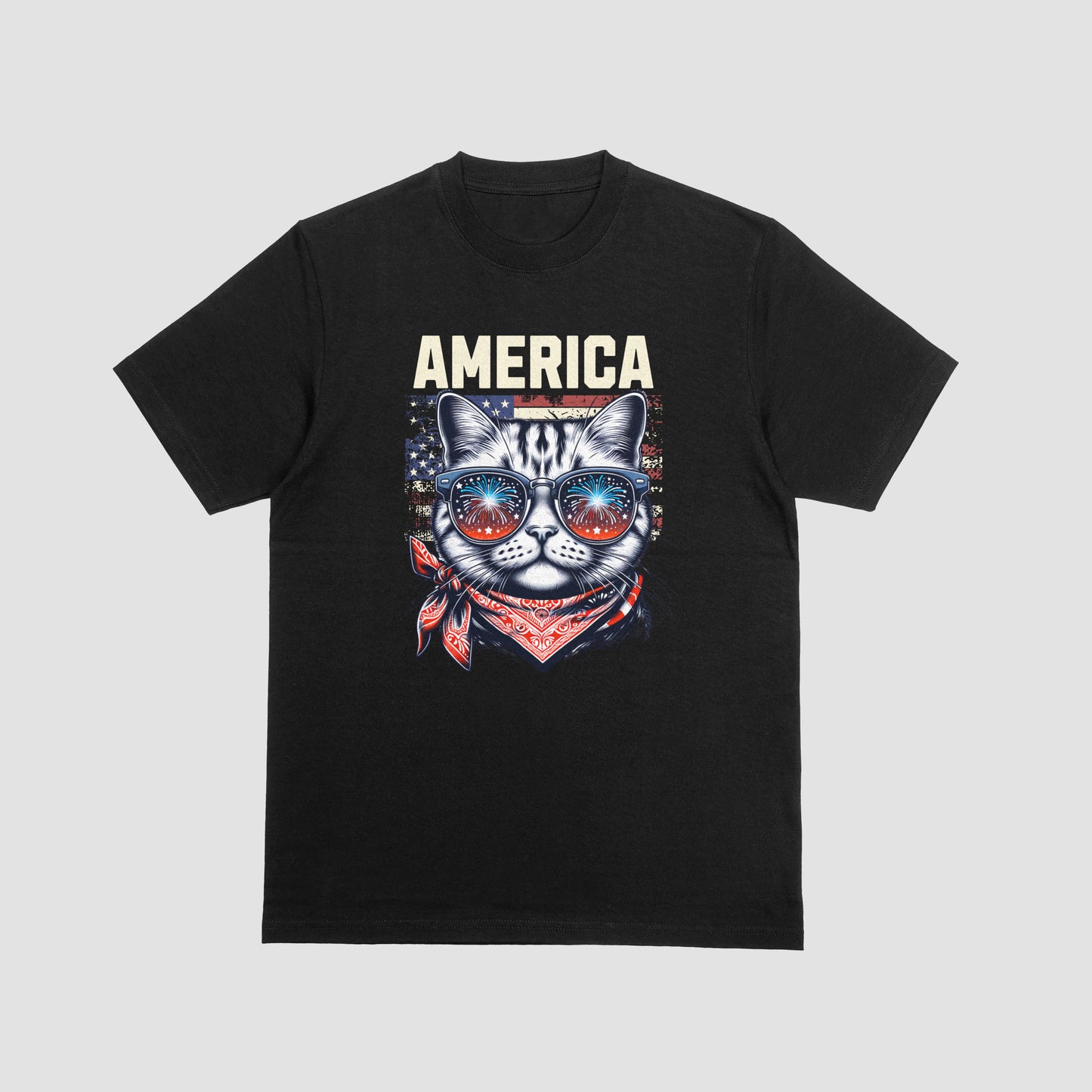Black t-shirt with a graphic of a cat wearing sunglasses and an American flag bandana, with 'AMERICA' text above.