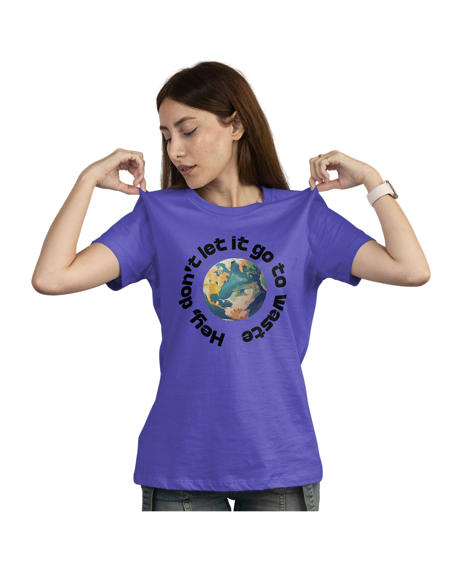 Woman wearing a blue t-shirt with an Earth with text 'Don't let it go to waste' on a white background
