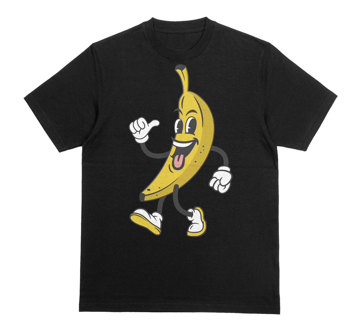 Black t-shirt with a Cartoon banana character with arms and legs, wearing white shoes and gloves, on a black background.