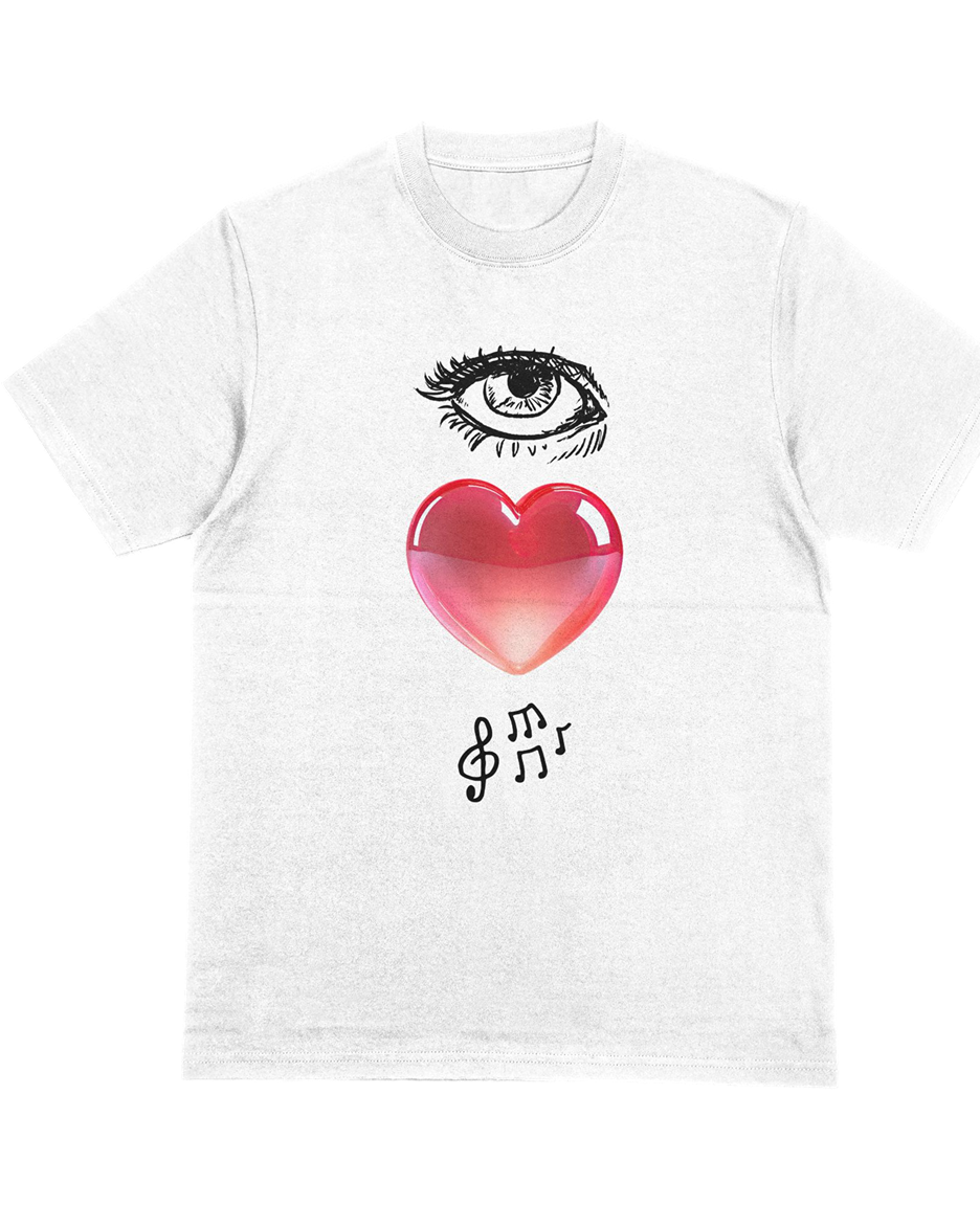 White t-shirt with an eye, red heart, and musical notes white background