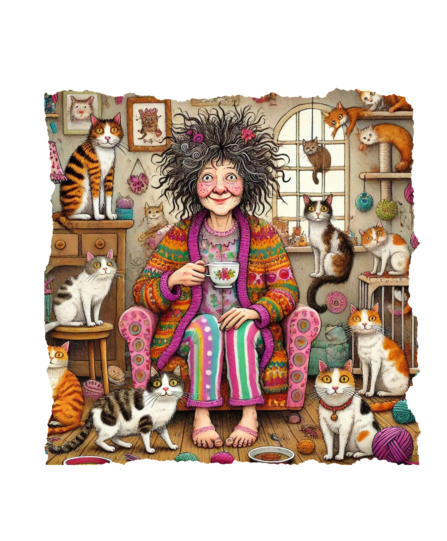Woman drinking a cup of coffee in a colorful robe surrounded by cats in a cozy room.