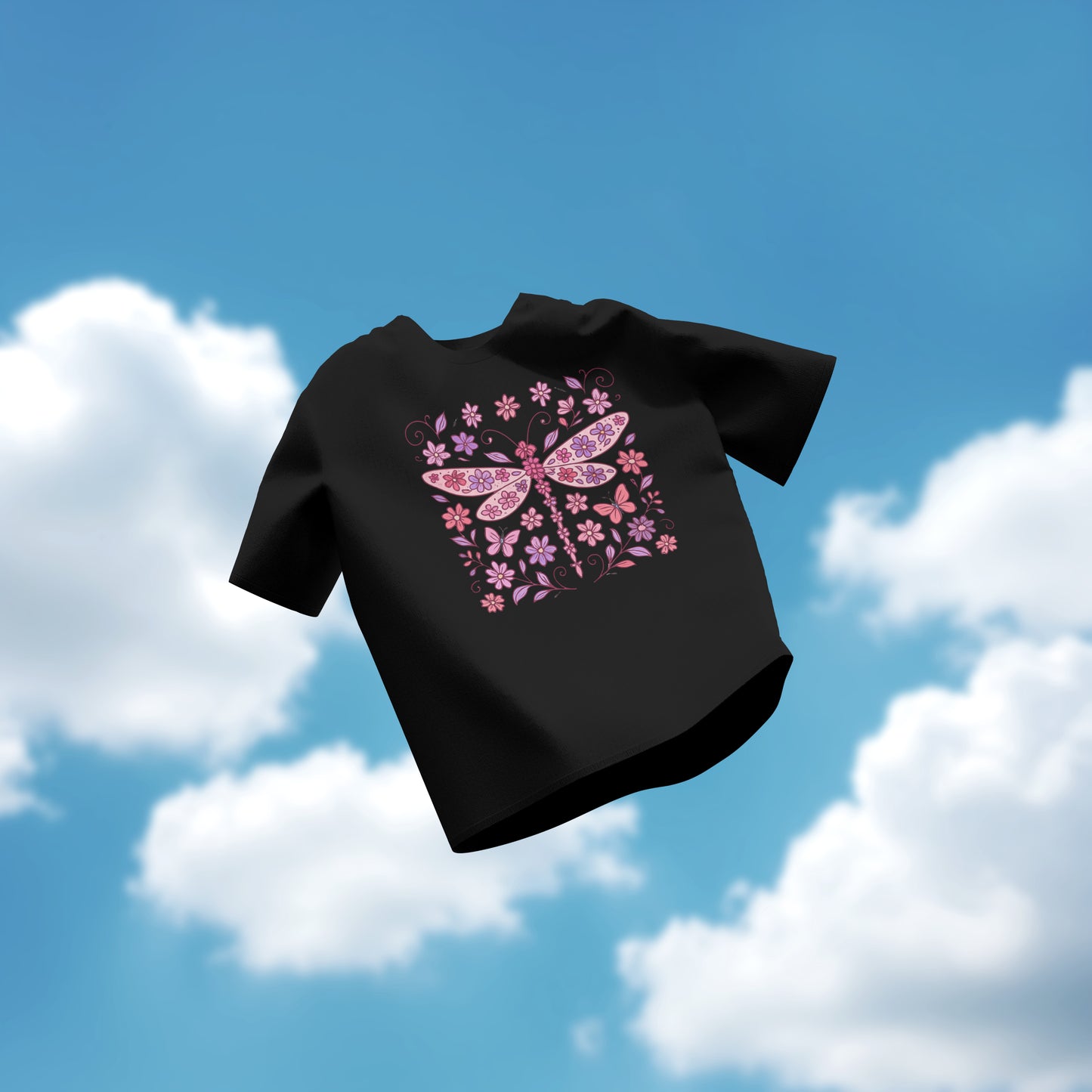 Black t-shirt with pink dragonfly design against a blue sky background