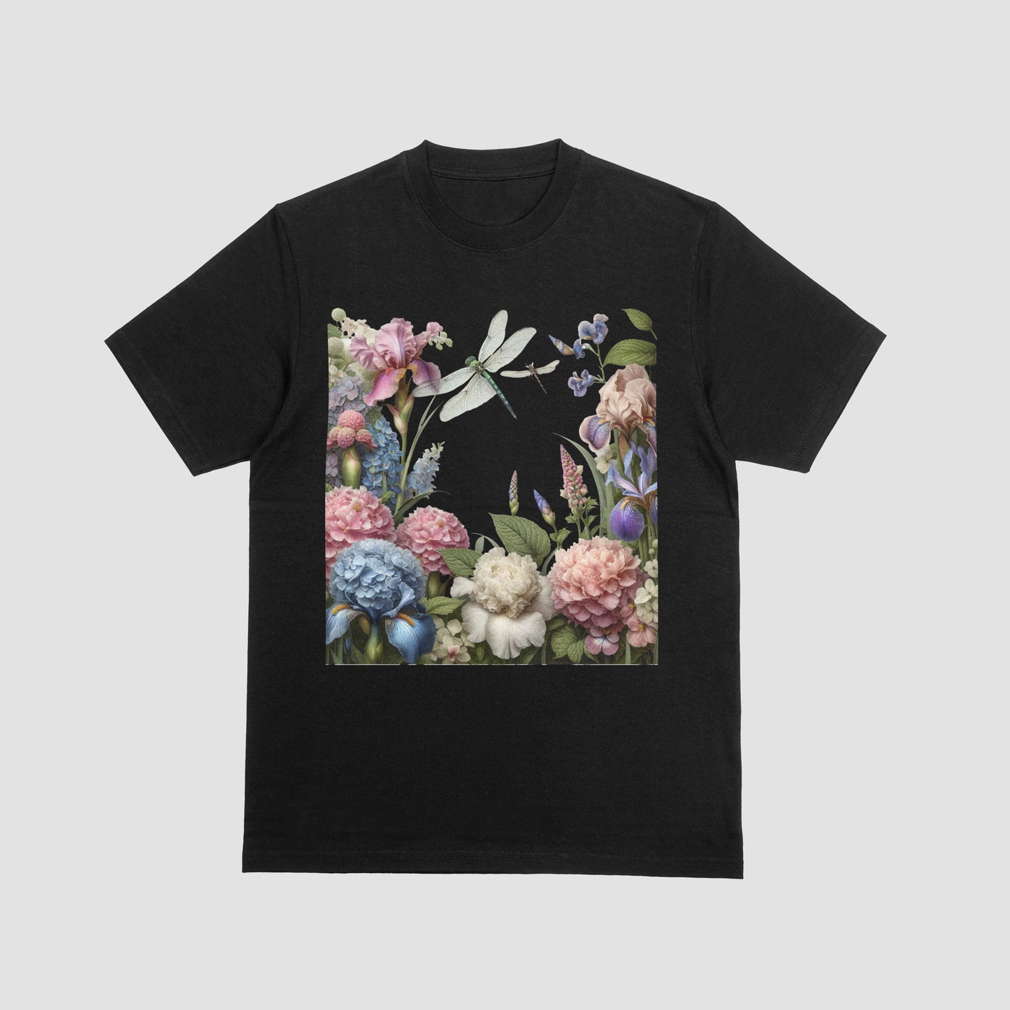Black t-shirt with an Illustration of flowers and dragonflies on a white background