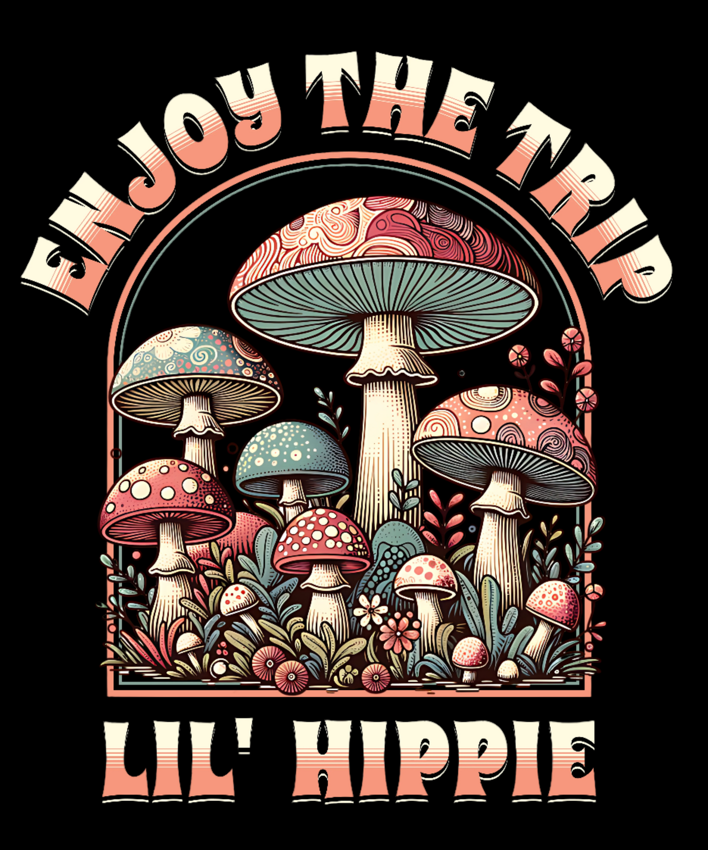 Colorful illustration of mushrooms with 'Enjoy the Trip, Live Hippie' text on a white background