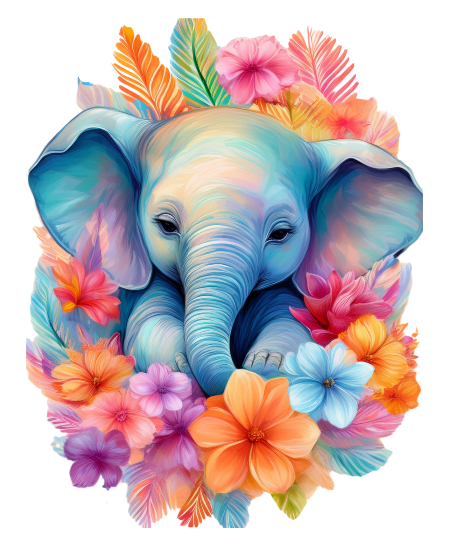 Colorful elephant surrounded by flowers on a white background