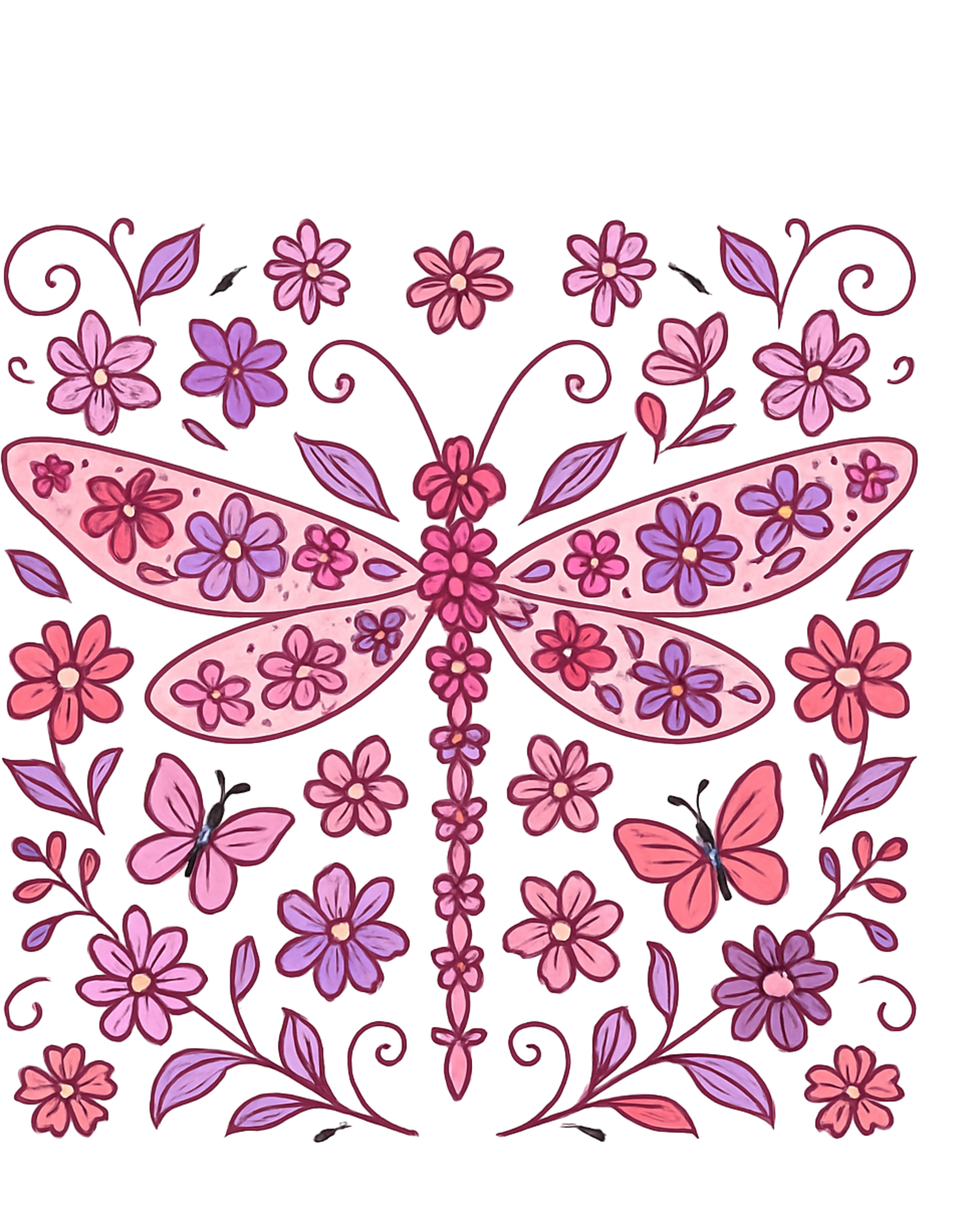 Decorative design with pink dragonfly and flowers on a white background