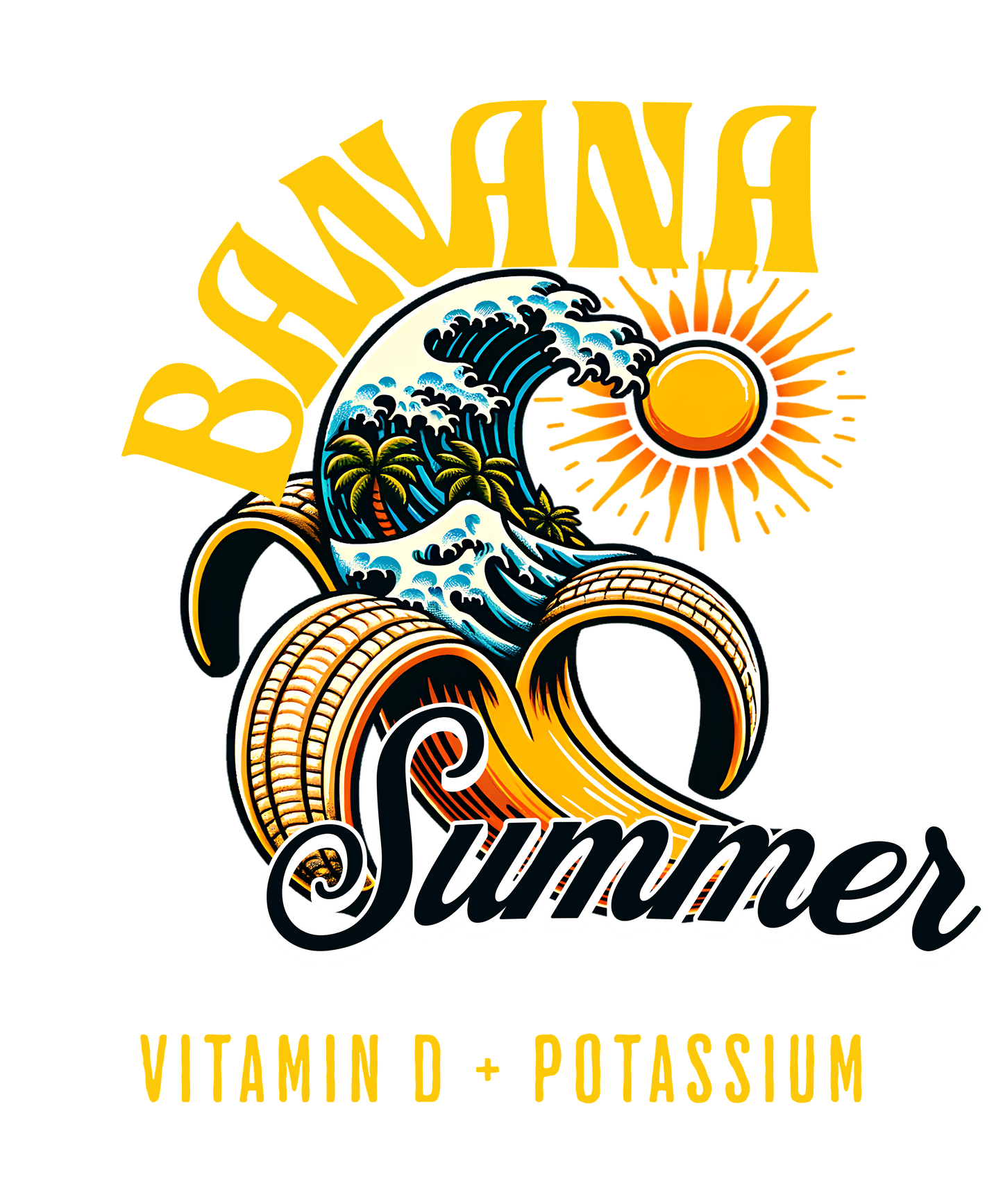 Design with 'Banana Summer' text, wave, sun, and banana shapes on a white background