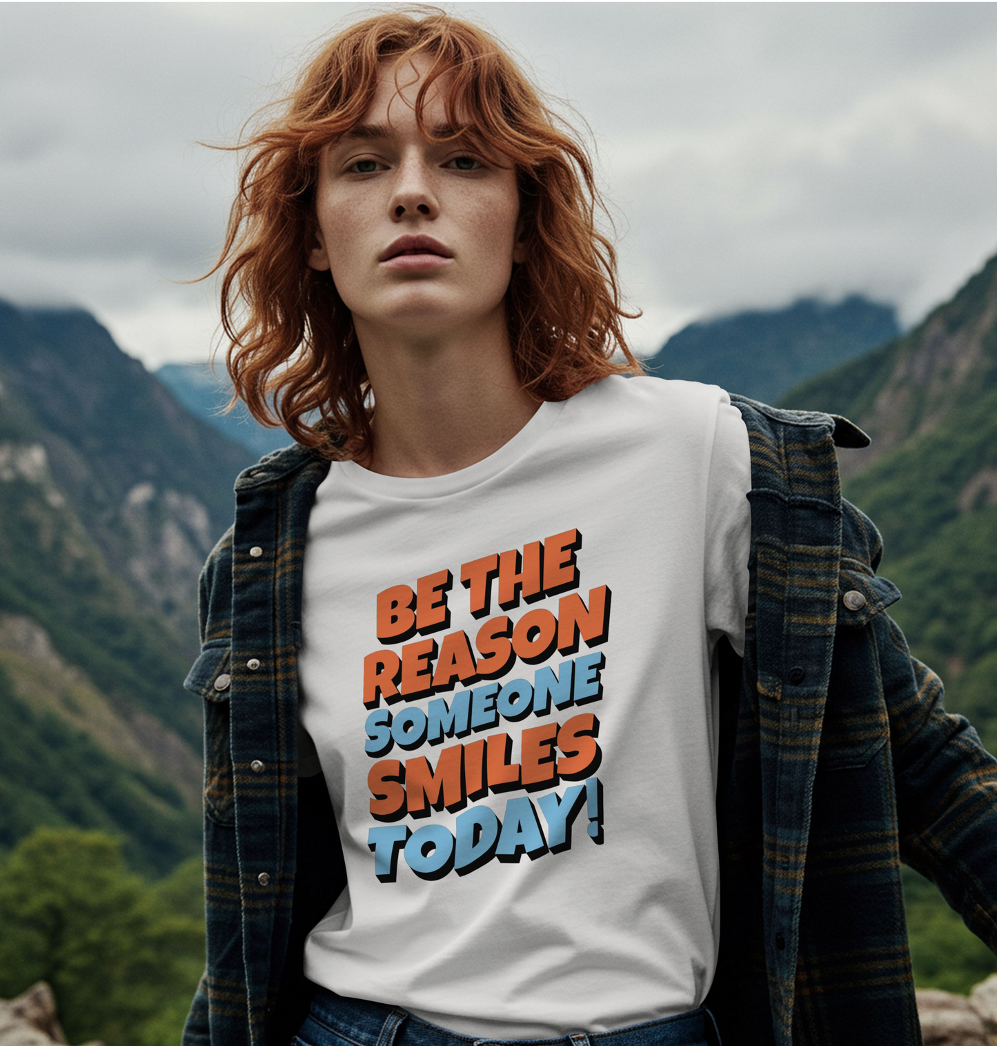 Person wearing a white t-shirt with Motivational quote 'Be the reason someone smiles today!' in orange and blue on a white background. The person is in a mountainous landscape