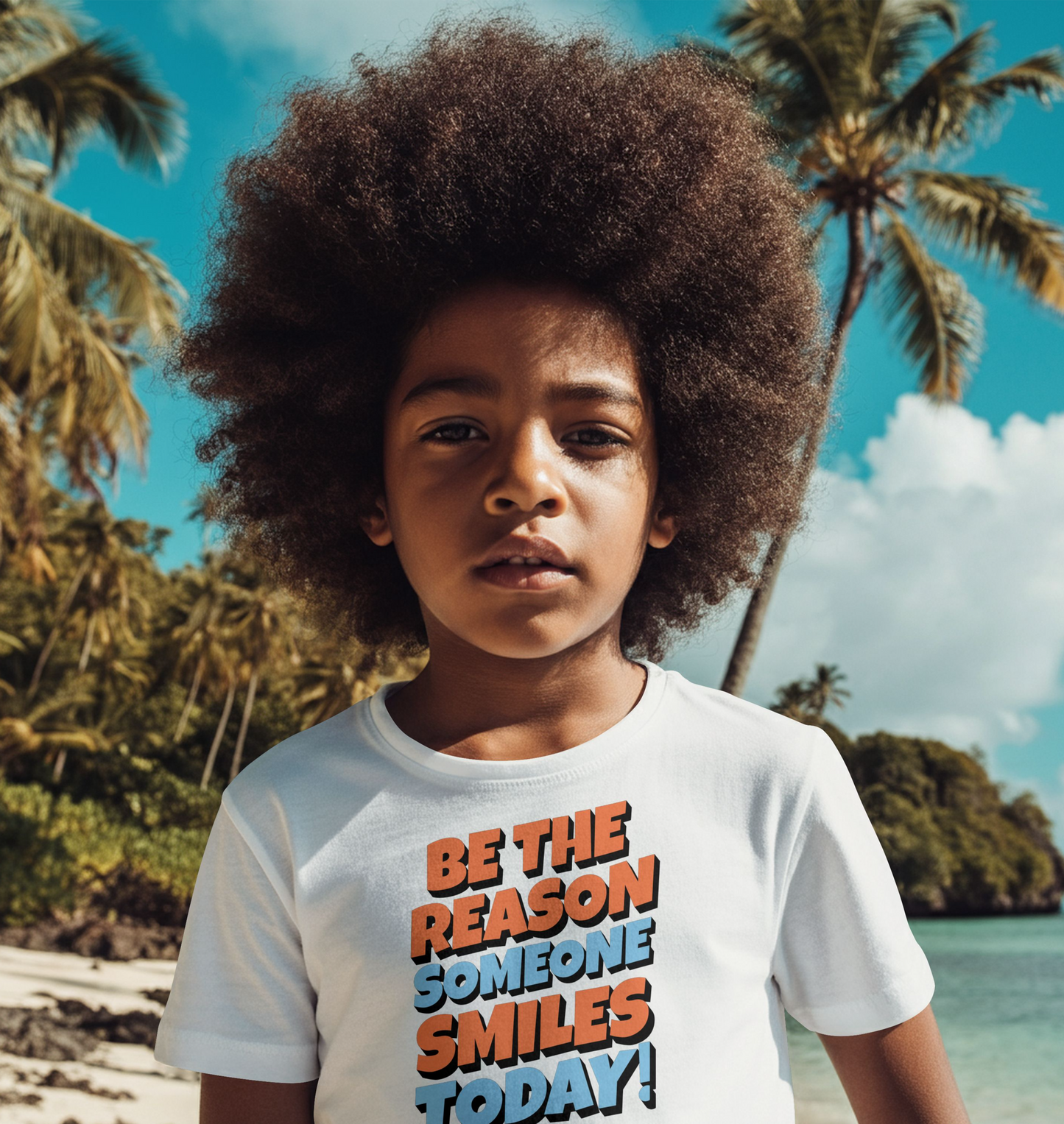 Child wearing a t-shirt with a Motivational quote 'Be the reason someone smiles today!' in orange and blue on a white background. The child is on a tropical beach
