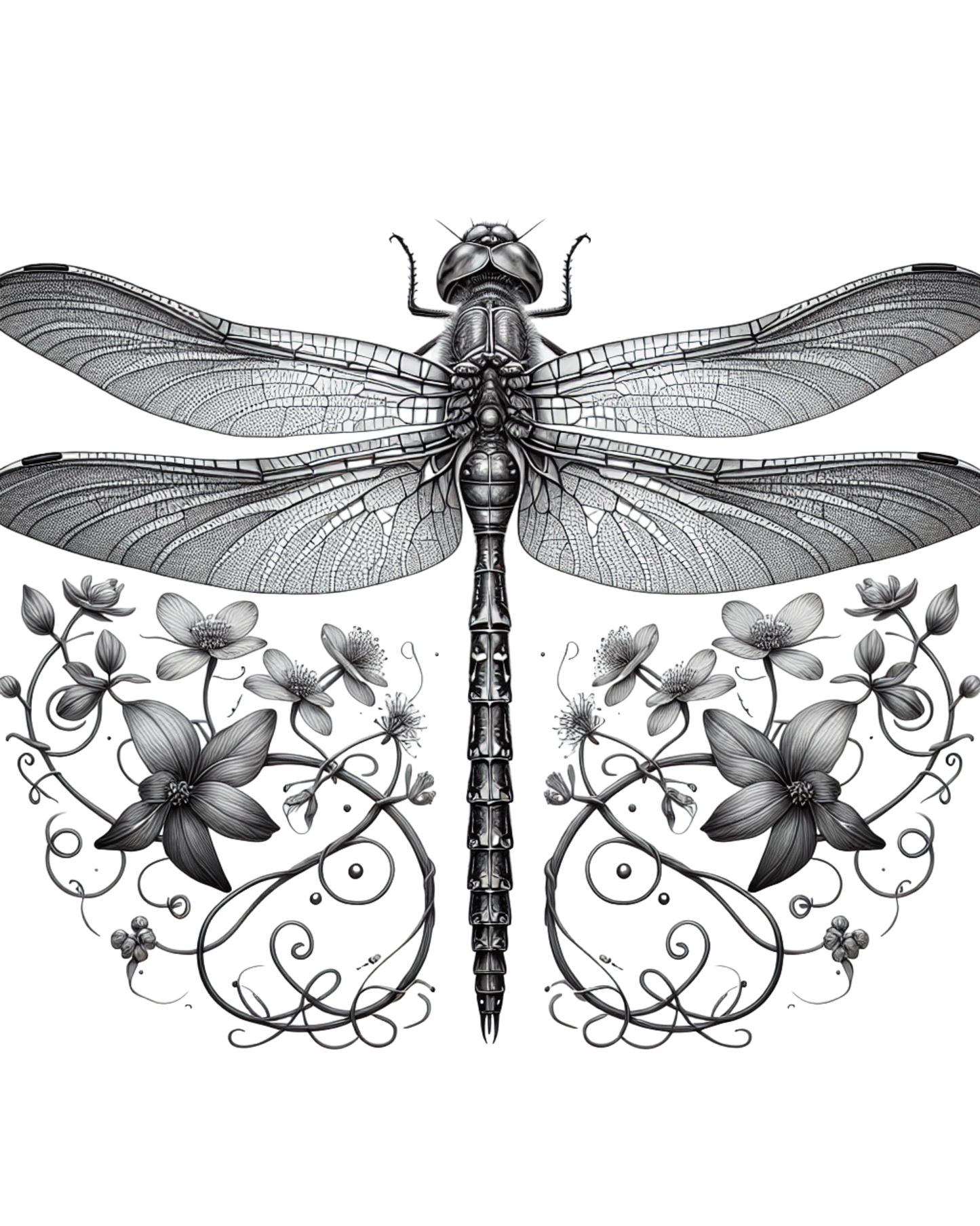 Black and white illustration of a dragonfly with floral elements on a white background