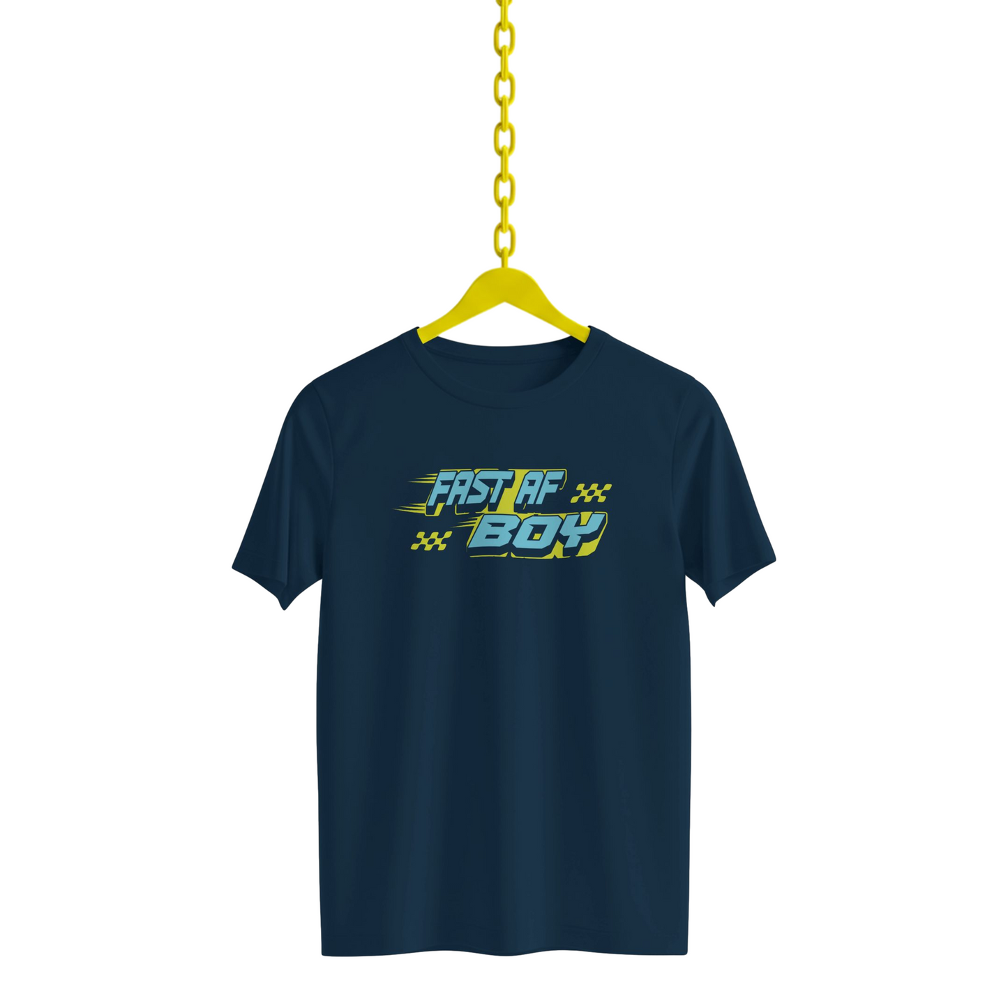 Navy blue t-shirt with 'Fast AF Boy' text on a yellow hanger against a white background