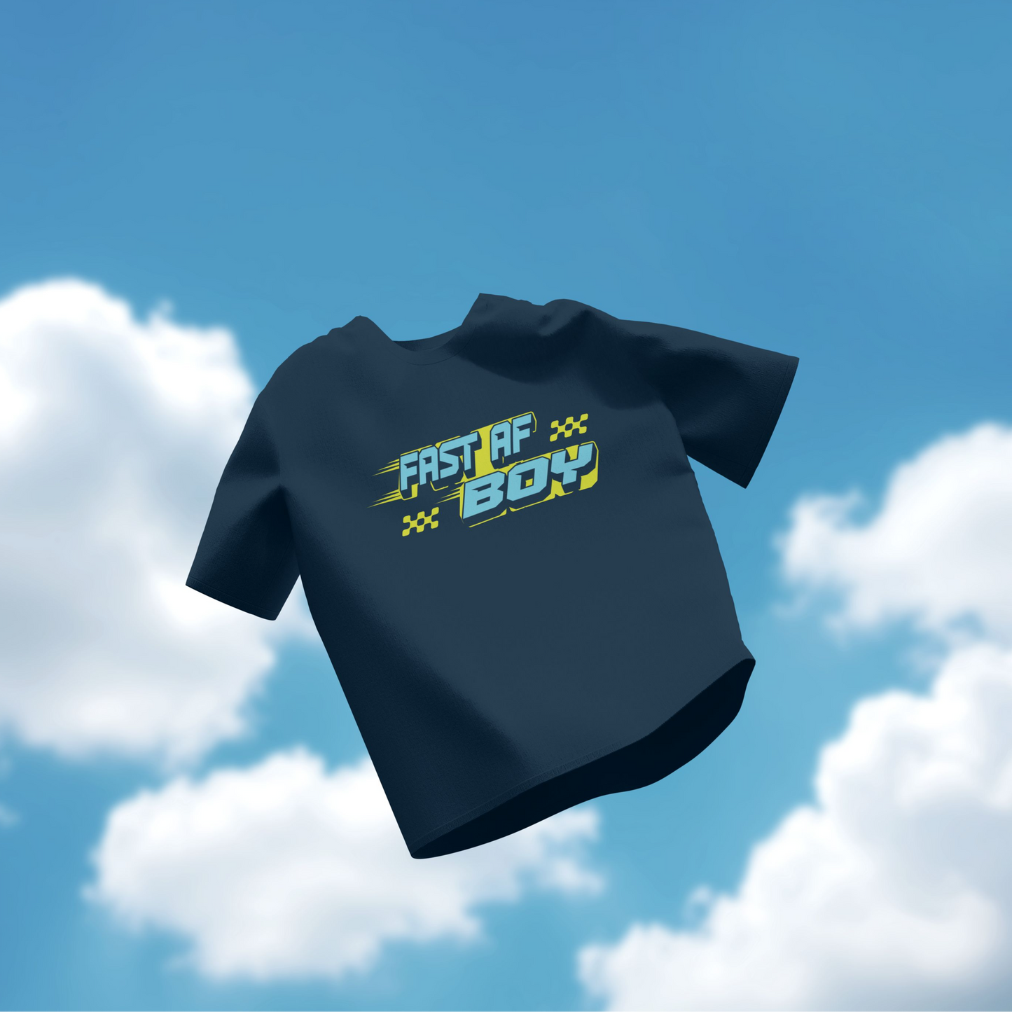 Black t-shirt with 'Fast AF Boy' text against a blue sky background