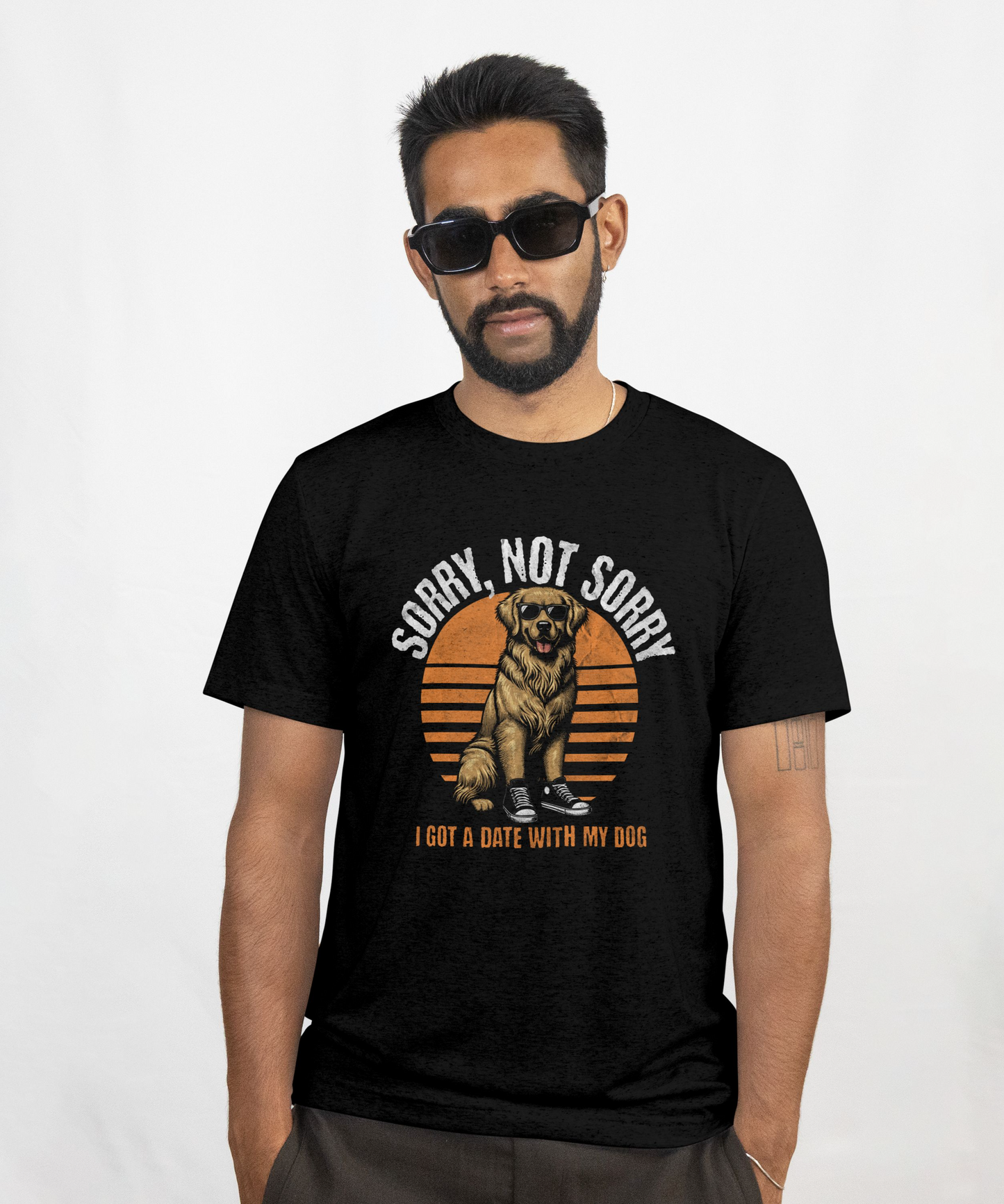 Man wearing a black t-shirt with a graphic design and text on a white background