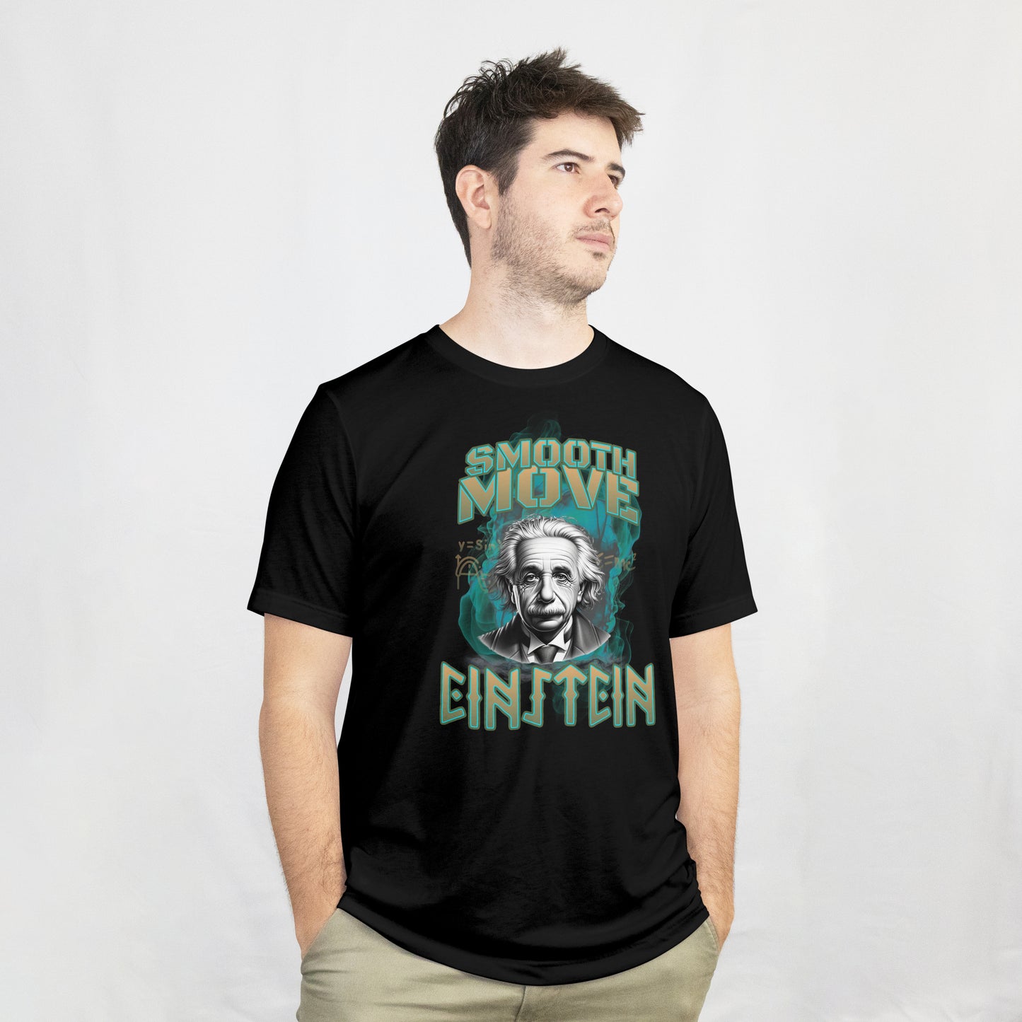 Person wearing a black t-shirt with a Illustration of an Albert Einsteint with 'Smooth Move Einstein' text
