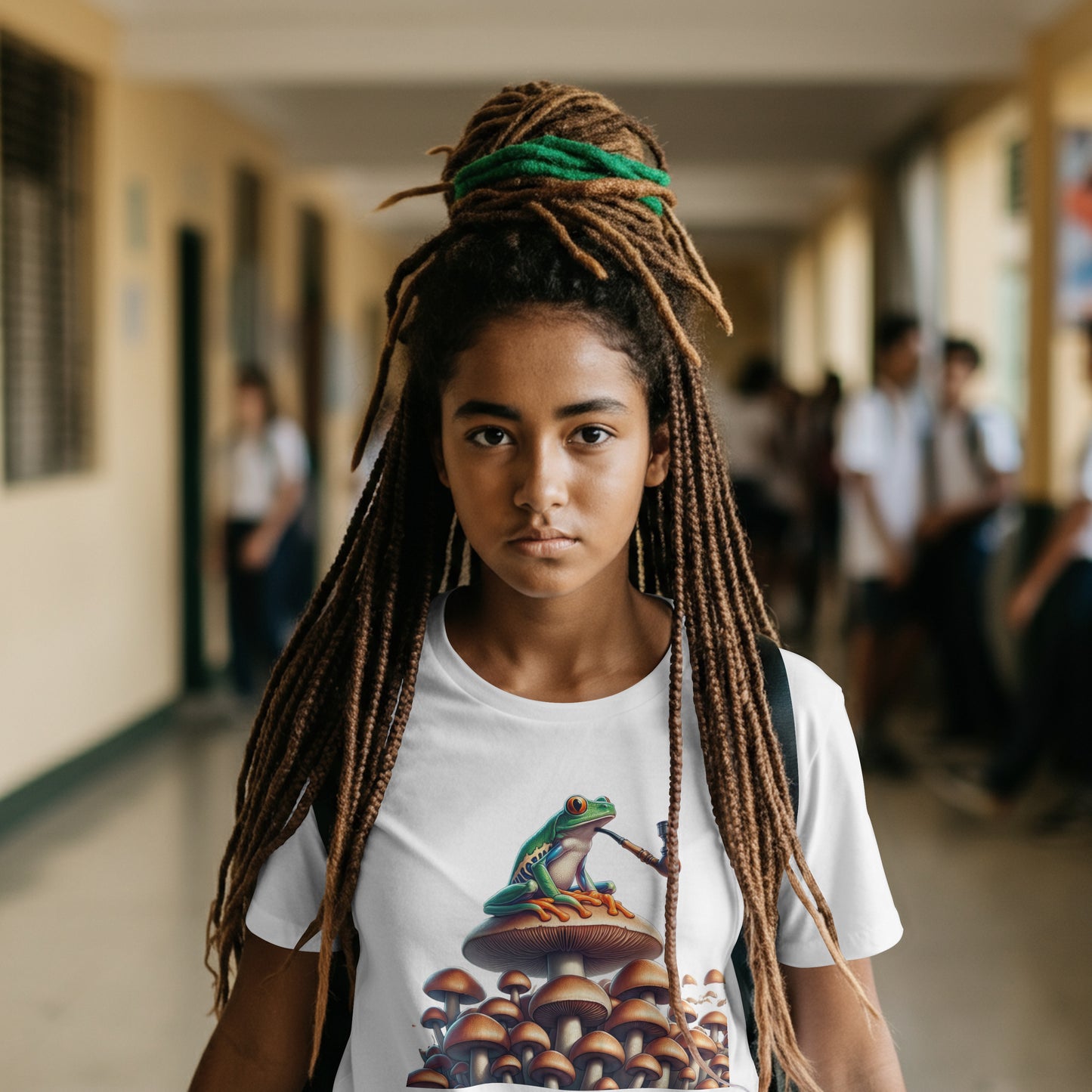 Person wearing a white t-shirt with a Frog smoking a pipe on a mushroom with more mushrooms in the background. The model is in a school hallway