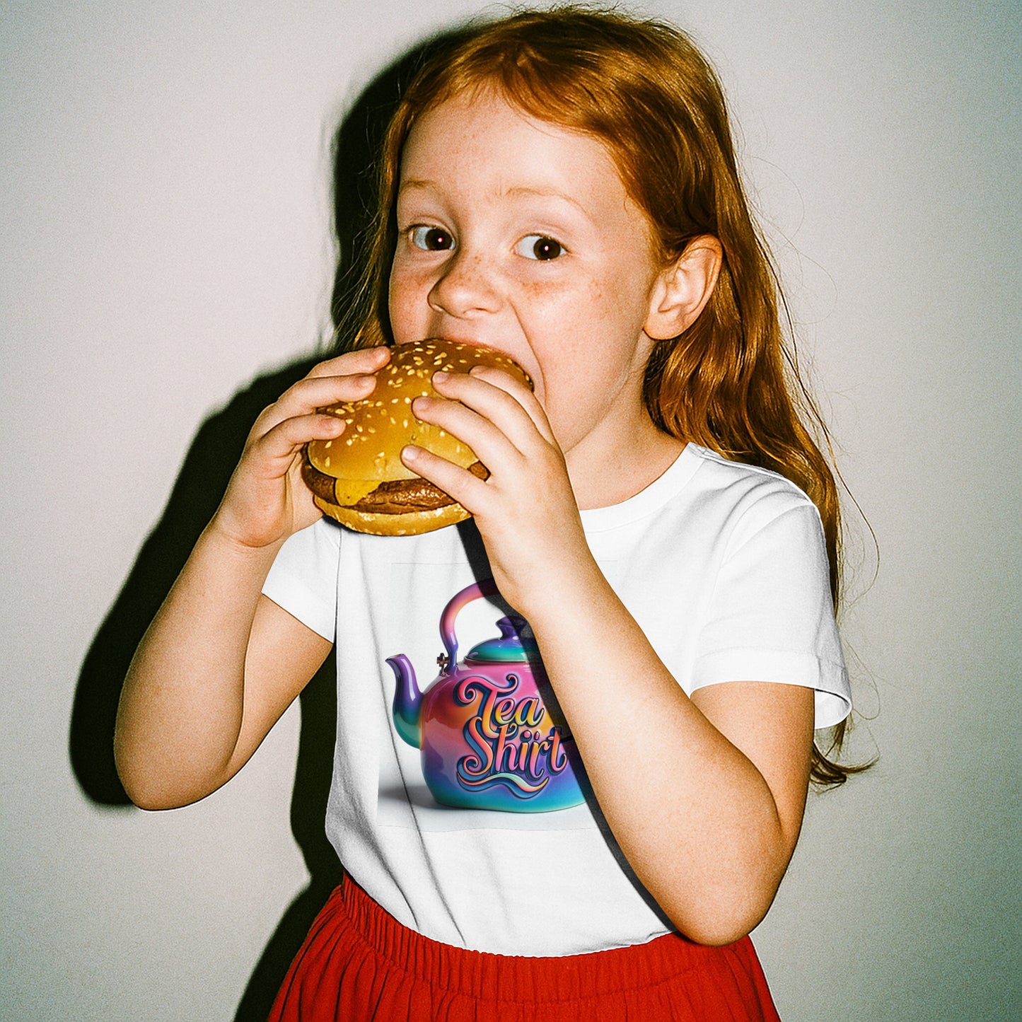 Child eating a hamburger wearing a white t-shirt with a colorful teapot with 'Tea Shirt' text on a white background