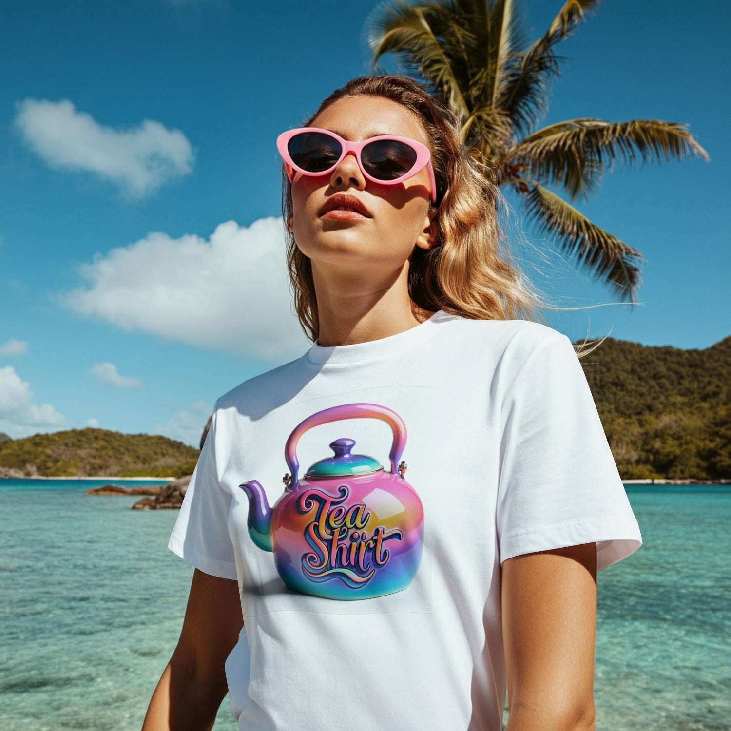 Person wearing a white t-shirt with a colorful teapot with 'Tea Shirt' text on a white background, standing on a beach with palm trees and clear blue water.