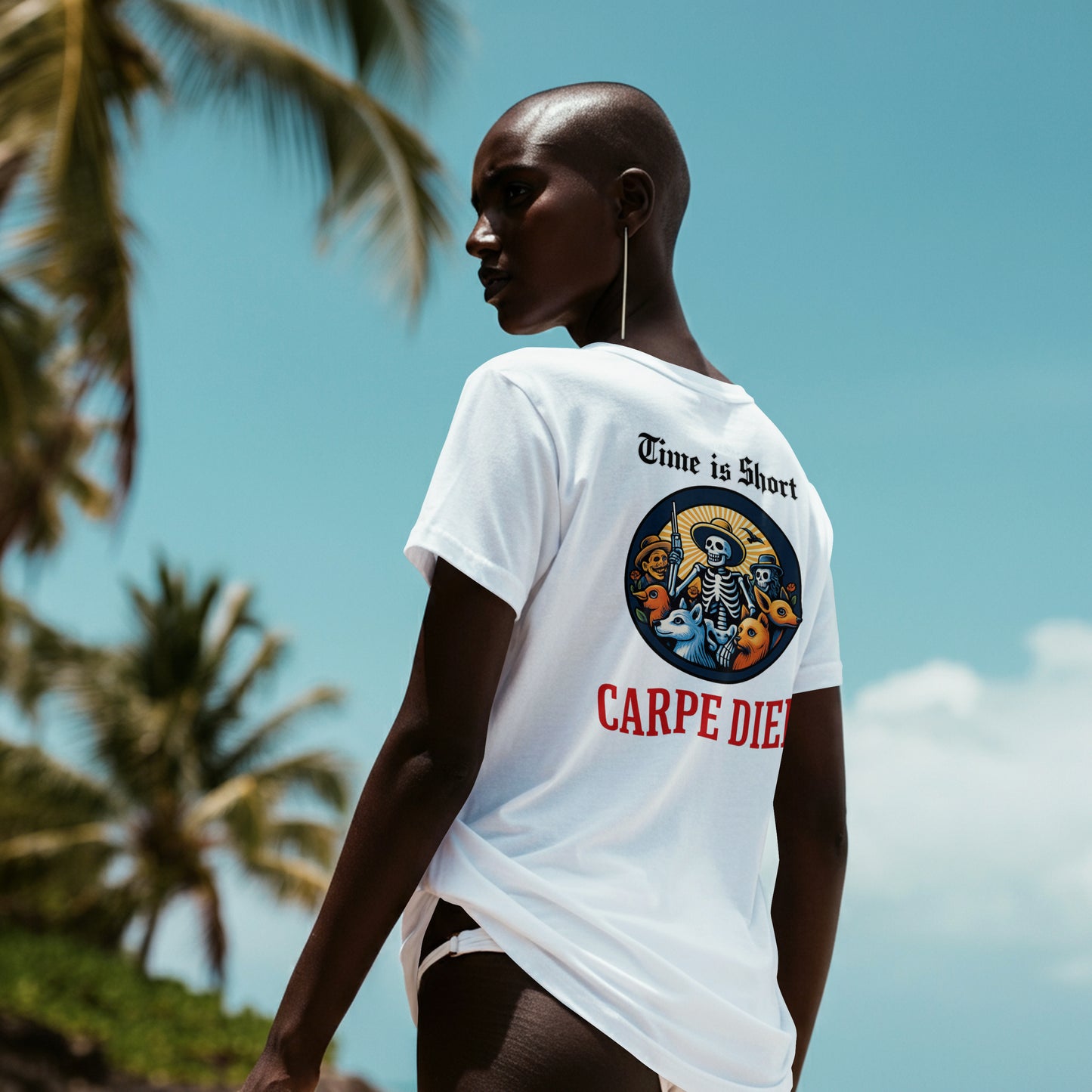 Person wearing a white t-shirt with a Circular design with skeletons, animals, and text 'Time is Short Carpe Diem' on a white background. The model is standing outdoors with palm trees in the background.