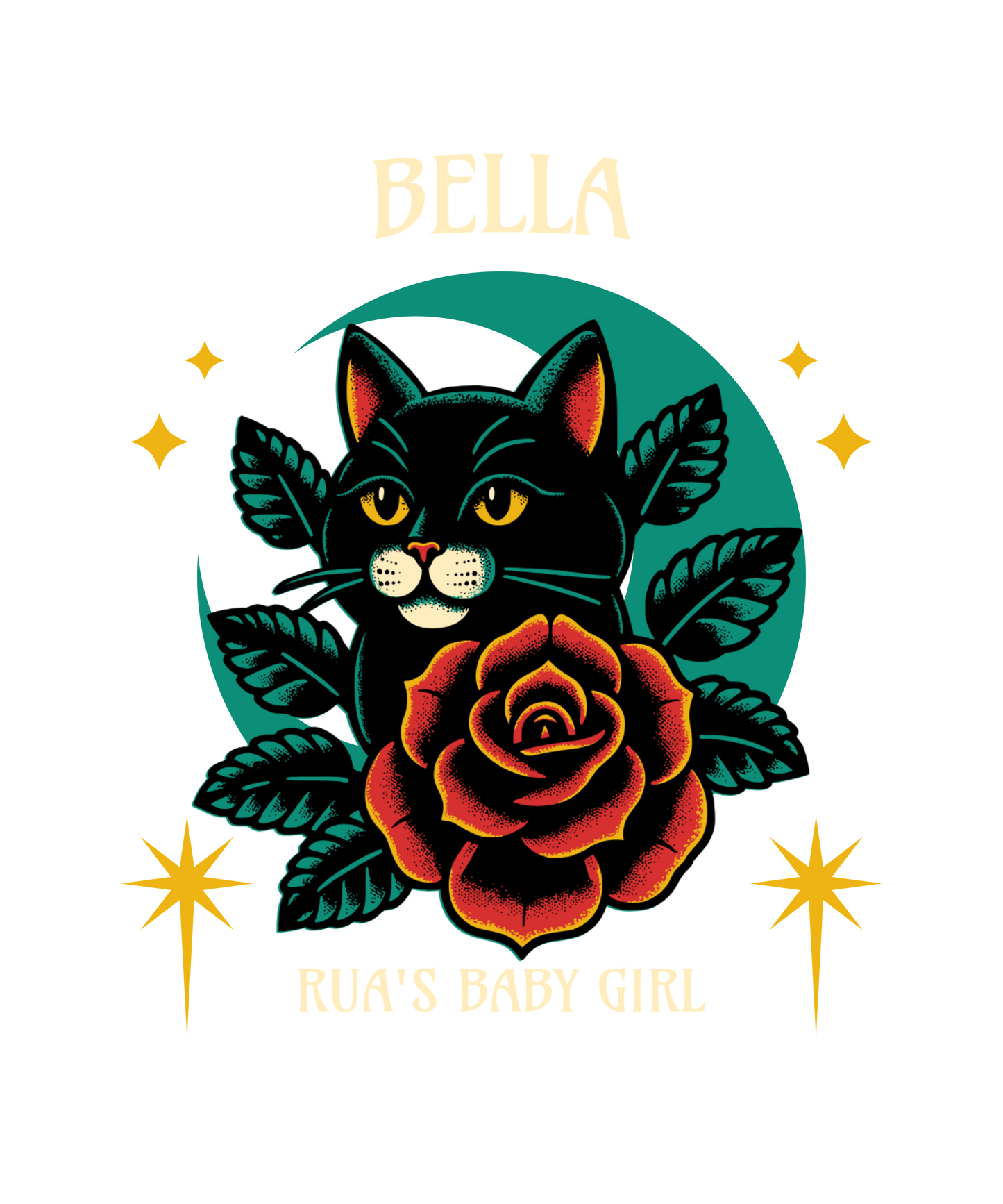 A graphic design of a black cat with a red rose, leaves, and decorative elements, with the text 'Bella' above and 'Rua's Baby girl' below.