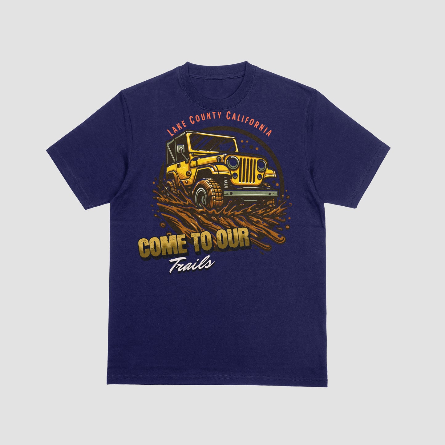 Navy blue t-shirt with yellow jeep graphic and text on a light gray background