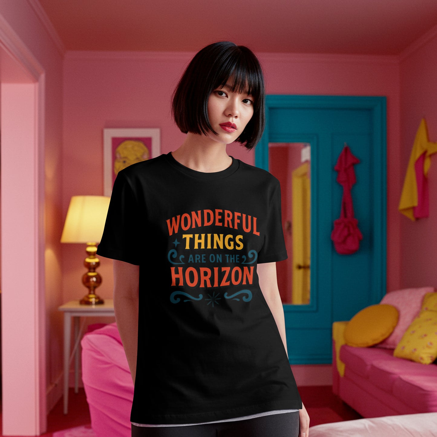 Person wearing a black t-shirt with colorful text 'Wonderful Things Are On The Horizon' on a white background. The model is in a vibrant room.