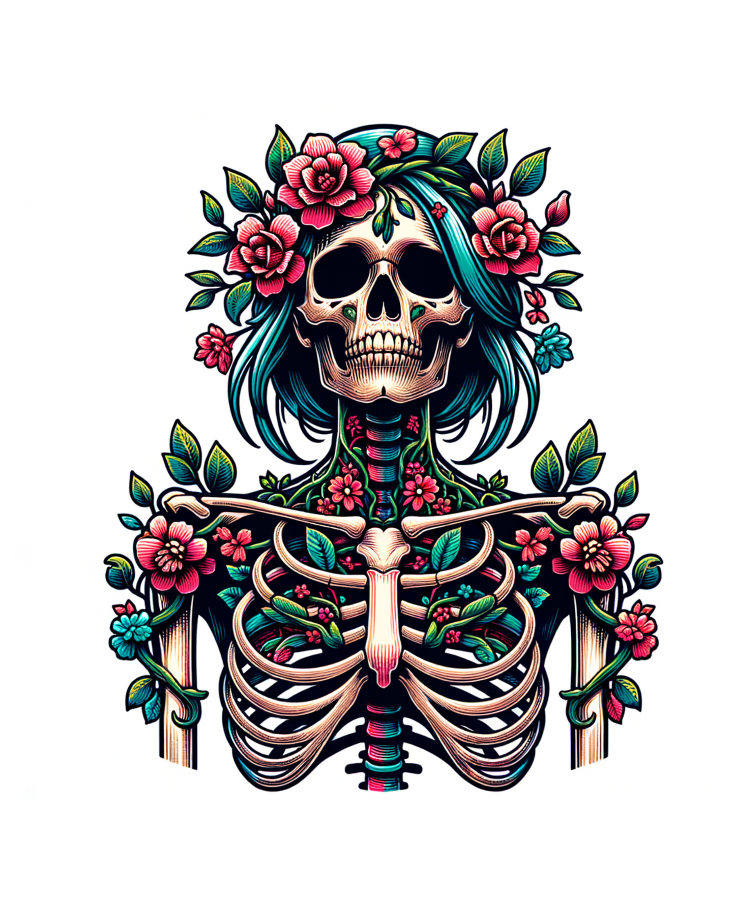Skeletal design with teal hair, flowers, and green leaves on a white background