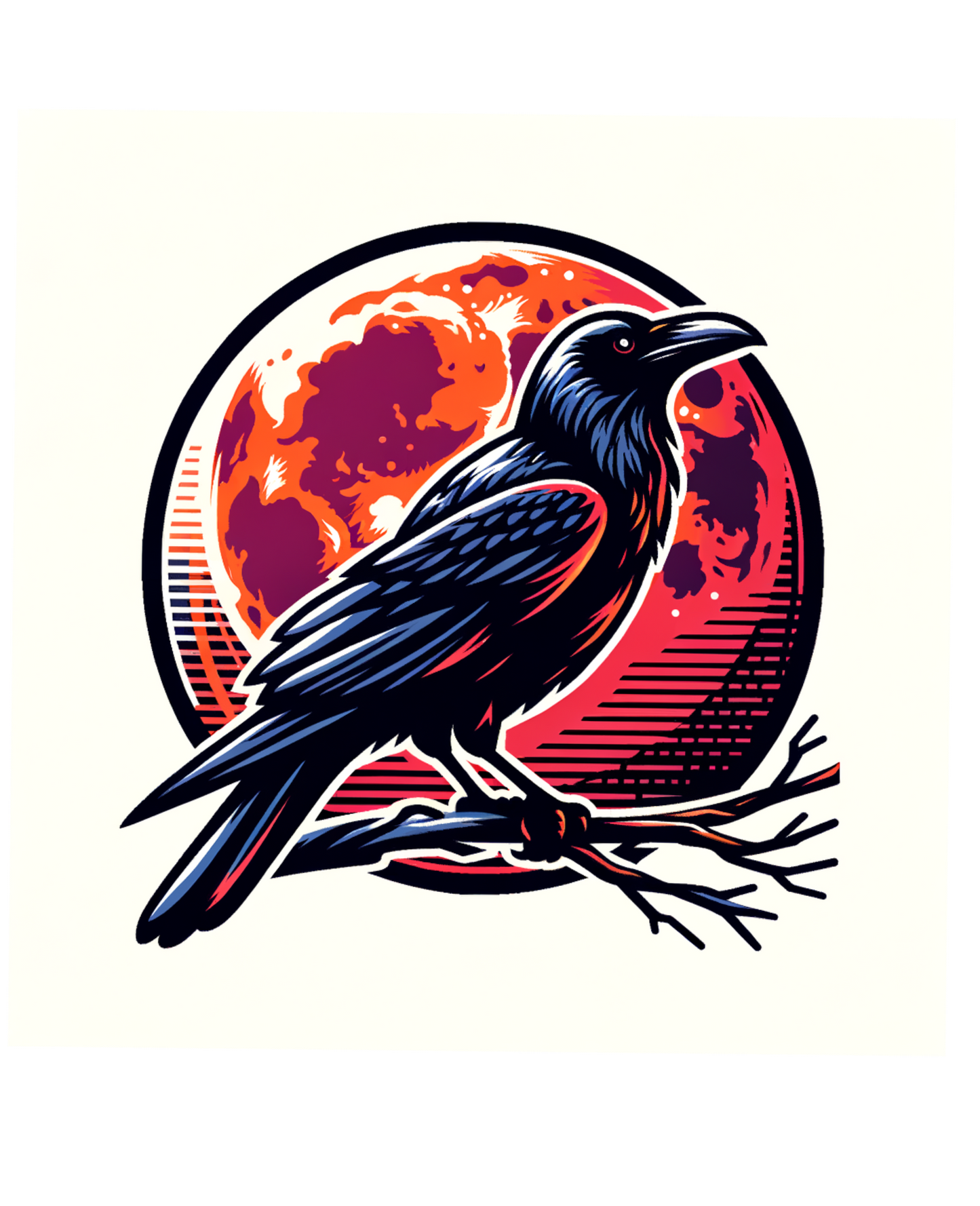 Black crow perched on a branch with an orange and red moon in the background