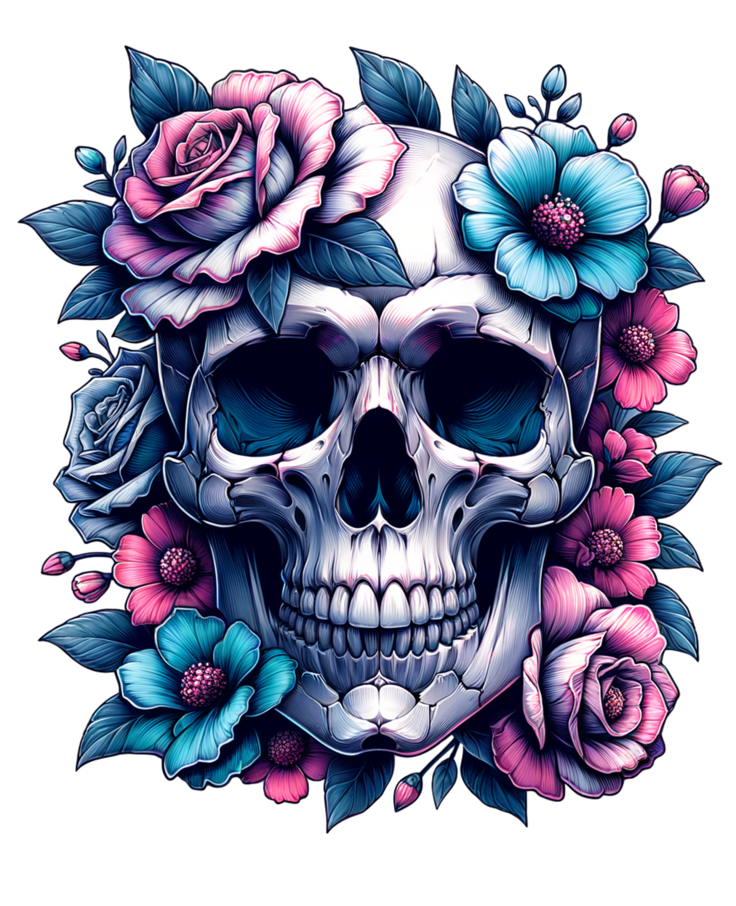 Colorful skull design with pink and blue flowers on a white background