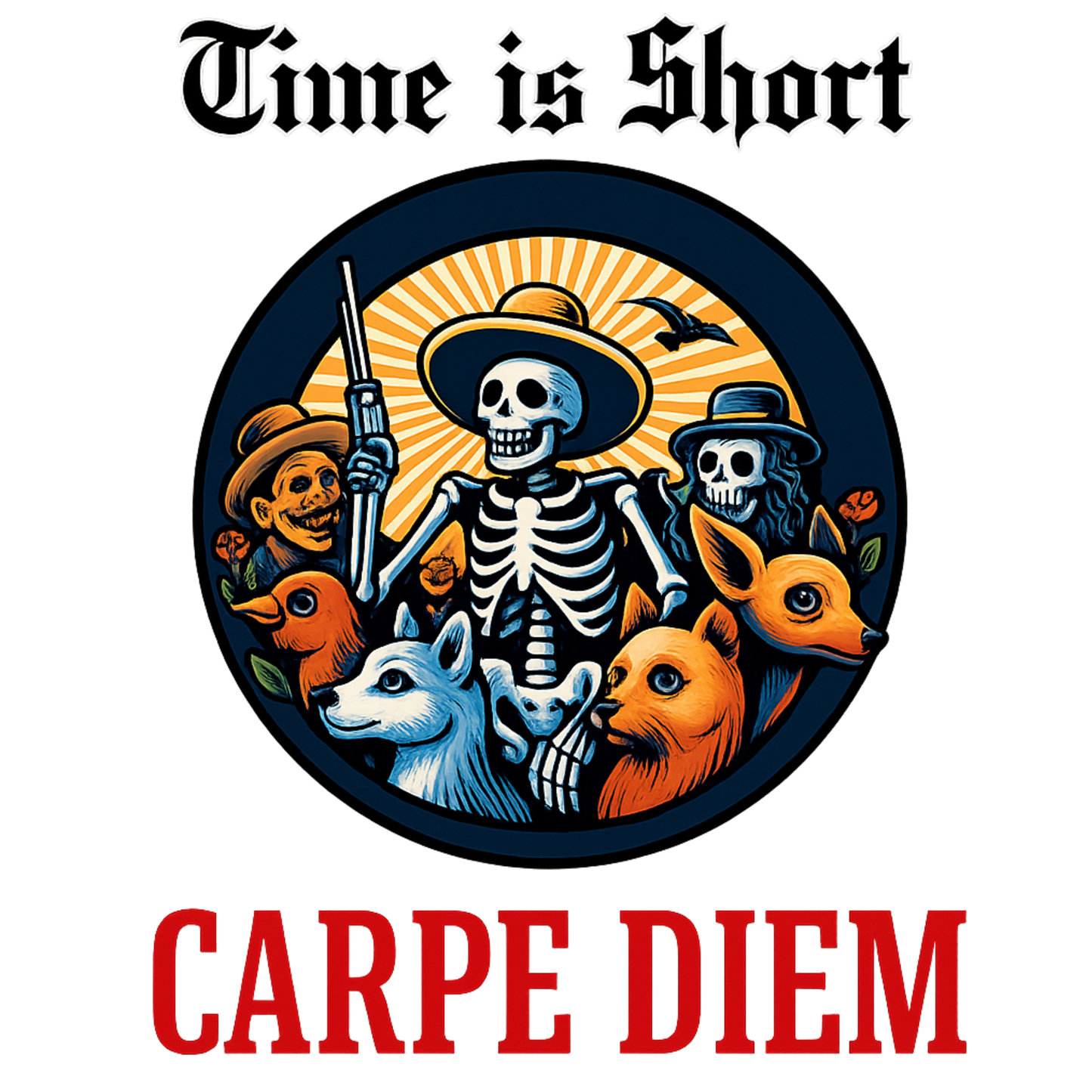 Circular design with skeletons, animals, and text 'Time is Short Carpe Diem' on a white background