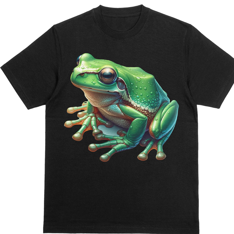 Black t-shirt with a green frog graphic o