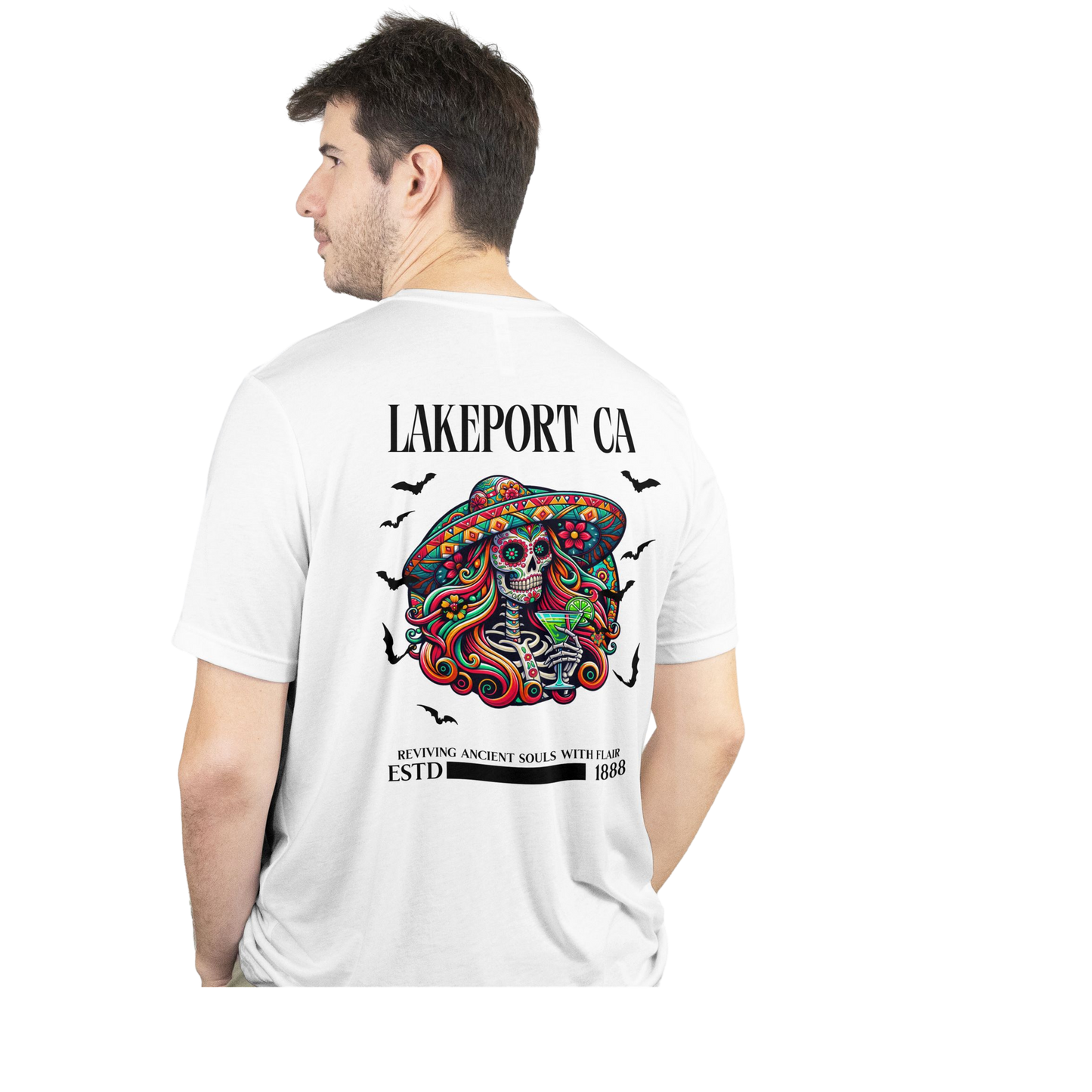Person wearing a white t-shirt with a colorful skull design and 'Lakeport CA' text on the back.