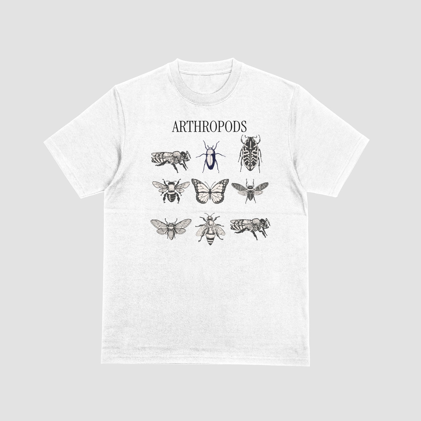 White t-shirt with black insect illustrations and 'ARTHROPODS' text on it