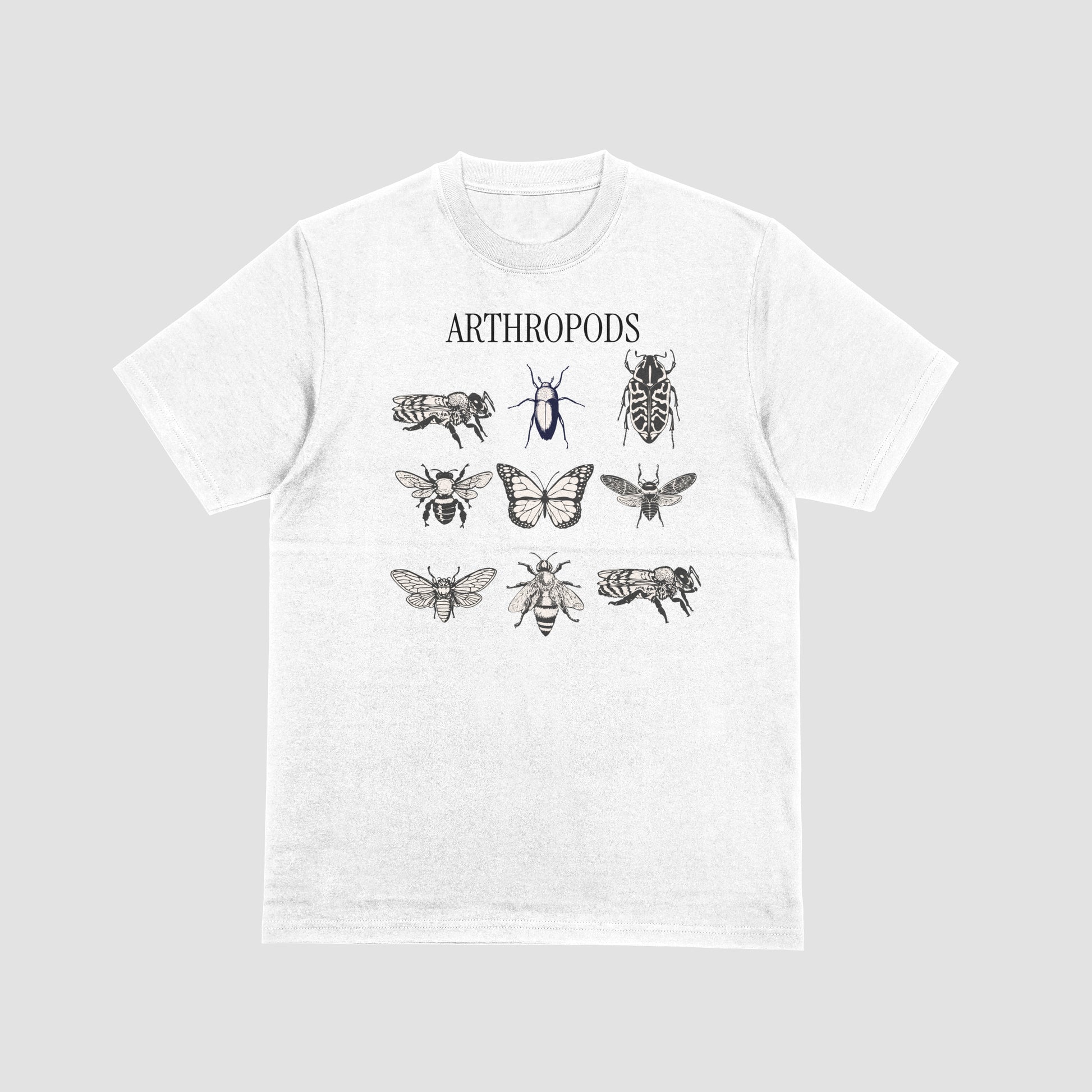 White t-shirt with black insect illustrations and 'ARTHROPODS' text on it