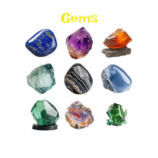 Collection of various colorful crystals on a white background with 'Gems' text.