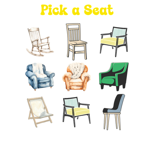 Illustrations of various chairs with the text 'Pick a Seat' above them on a white background.