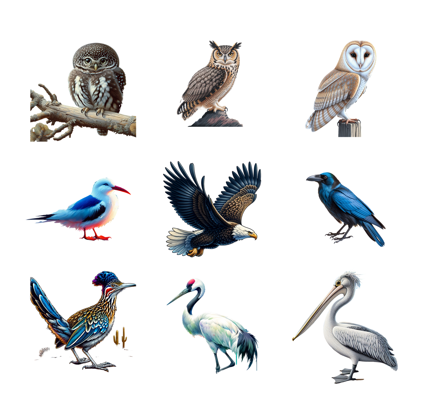 Illustrations of various birds including an owl, eagle, and pelican on a white background.