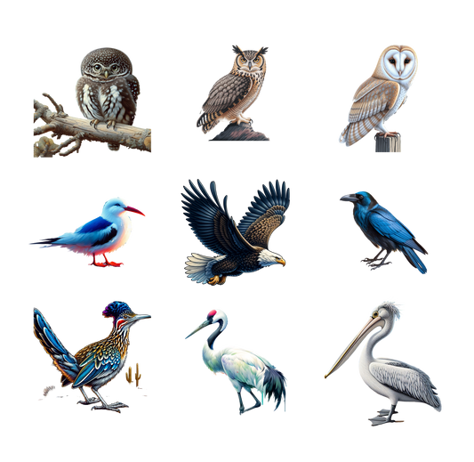 Illustrations of various birds including an owl, eagle, and pelican on a white background.
